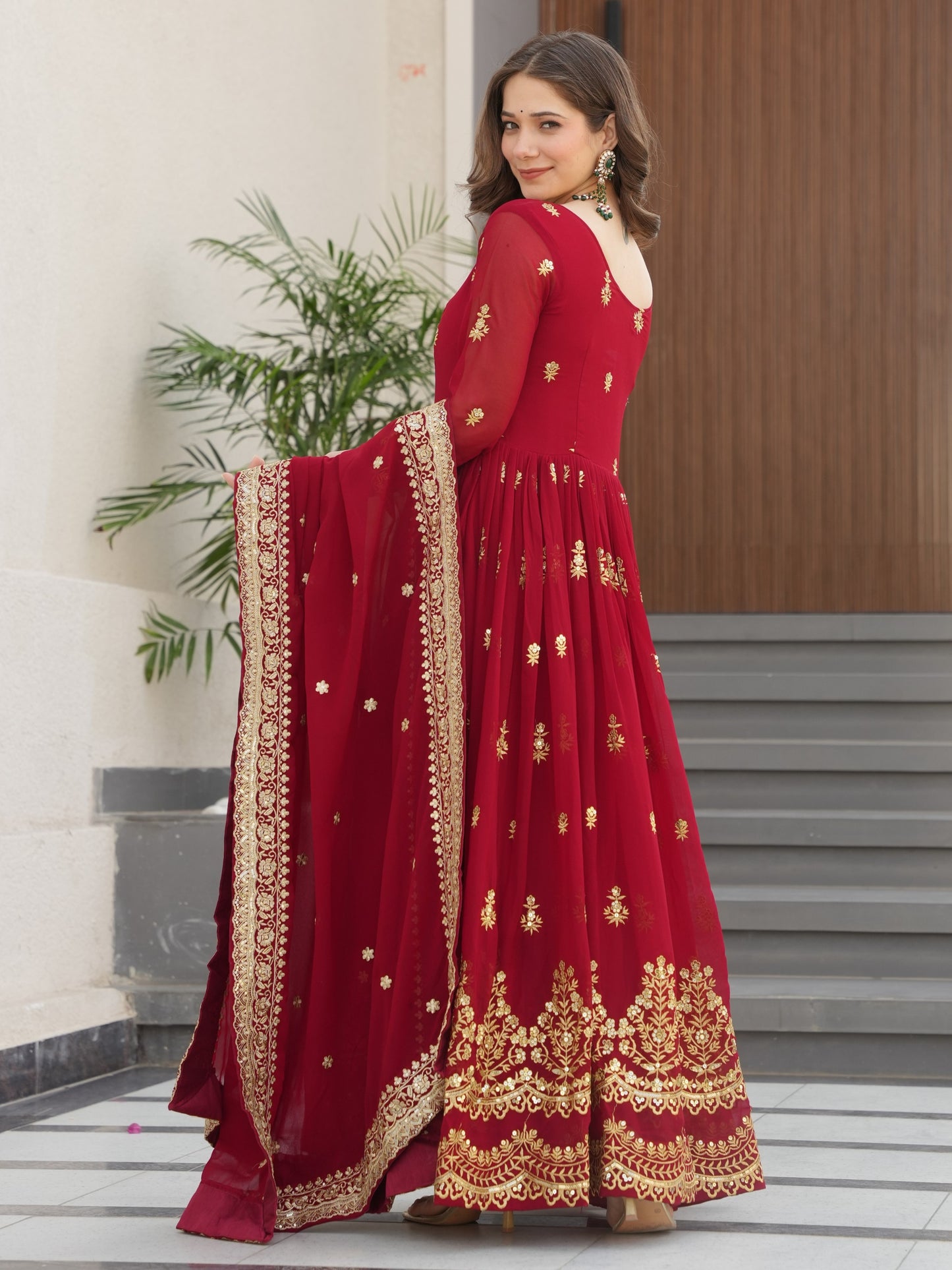 Wonderful Red Embroidered Georgette Wedding Gown