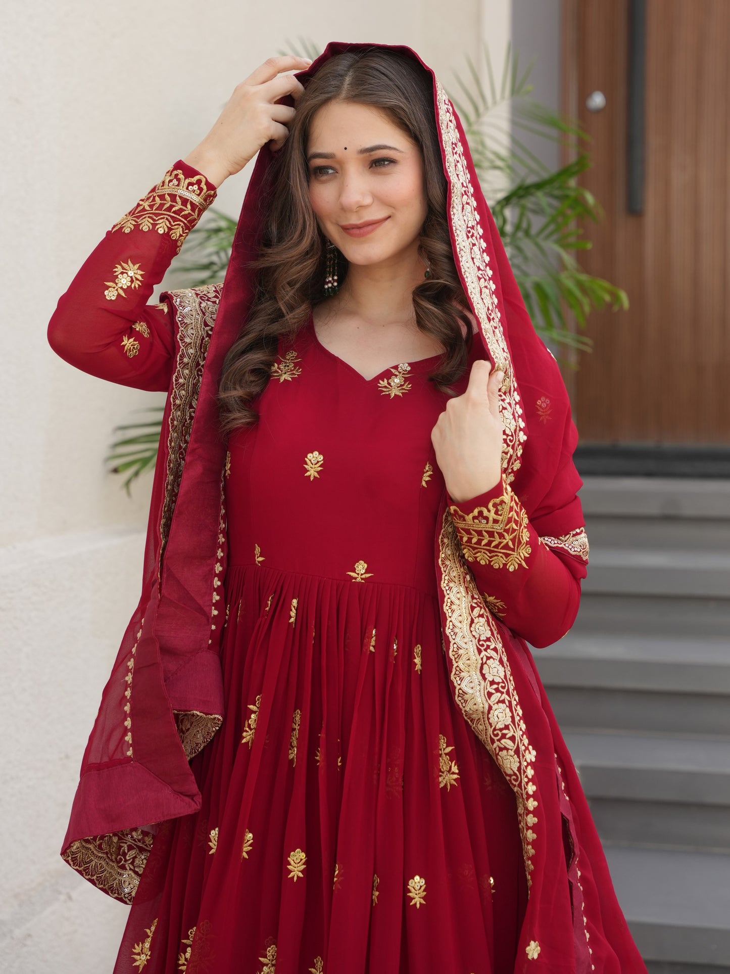 Wonderful Red Embroidered Georgette Wedding Gown
