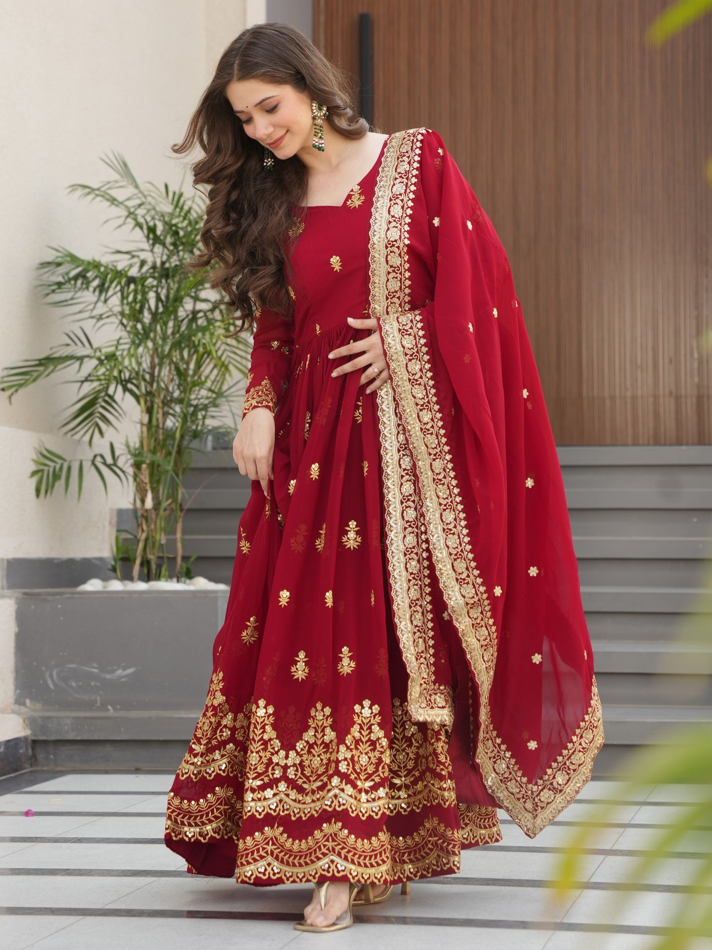 Wonderful Red Embroidered Georgette Wedding Gown