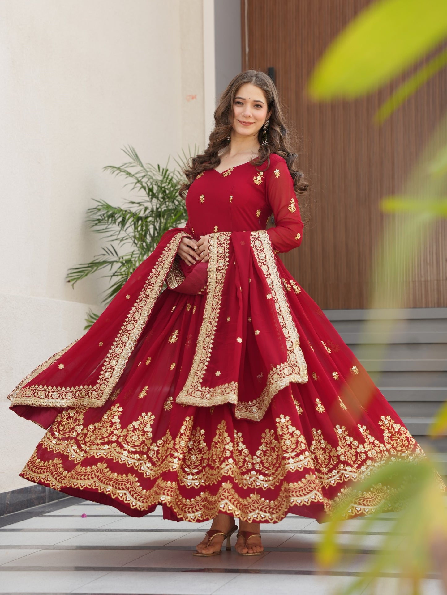 Wonderful Red Embroidered Georgette Wedding Gown