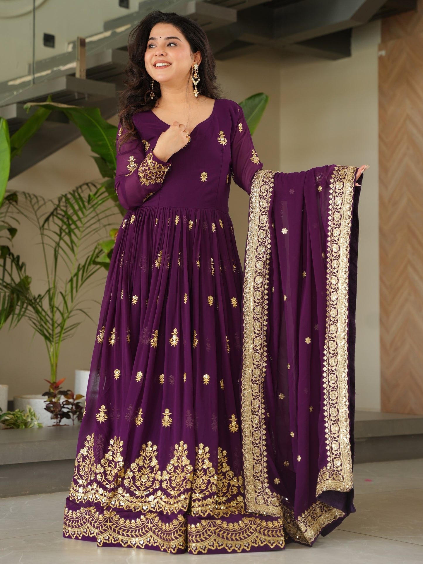 Wonderful Purple Embroidered Georgette Bridesmaid Gown