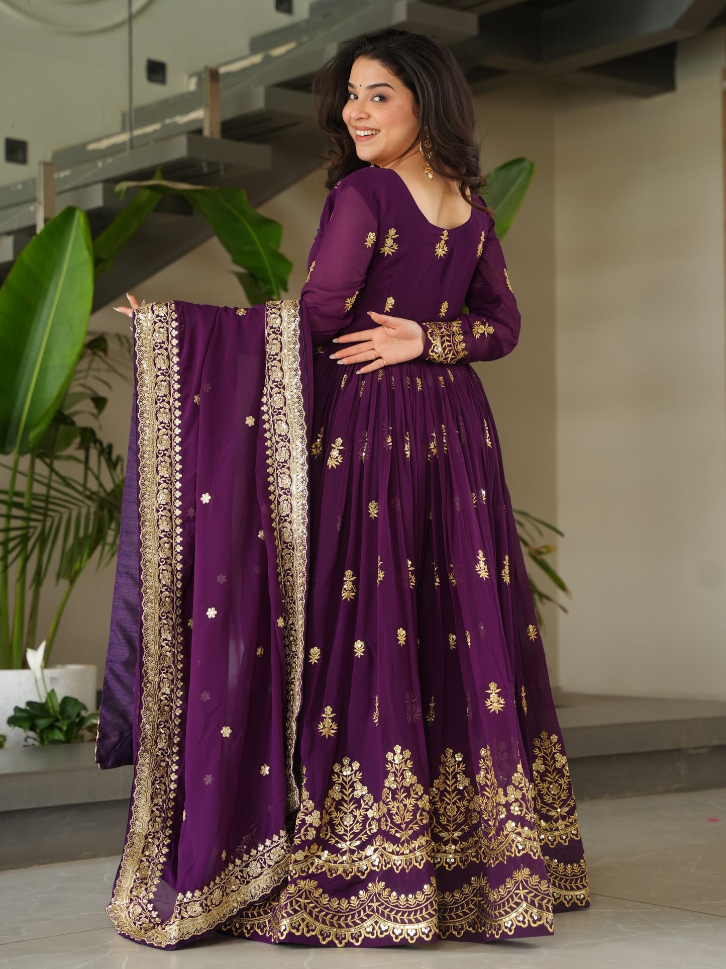 Wonderful Purple Embroidered Georgette Bridesmaid Gown