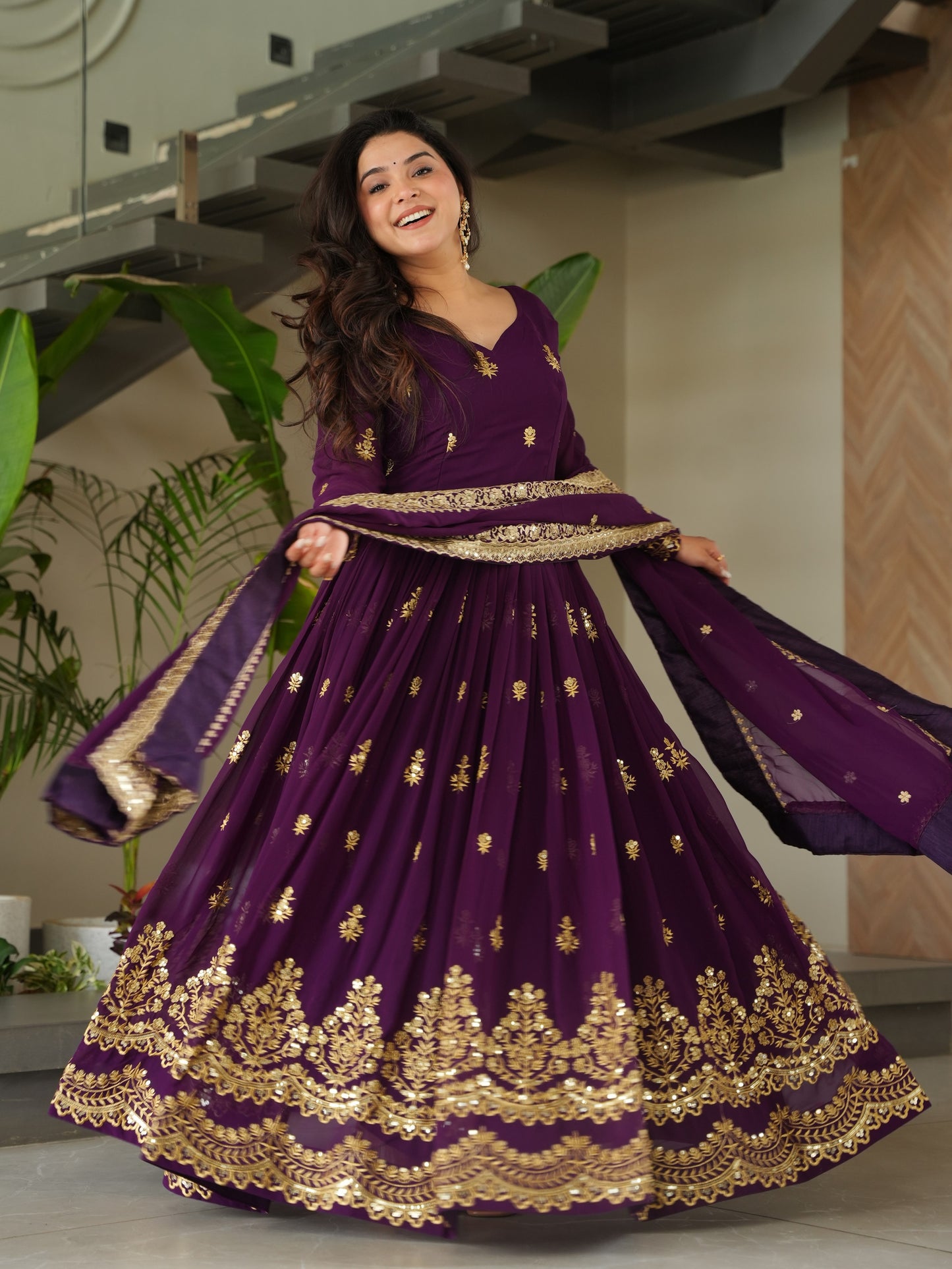 Wonderful Purple Embroidered Georgette Bridesmaid Gown