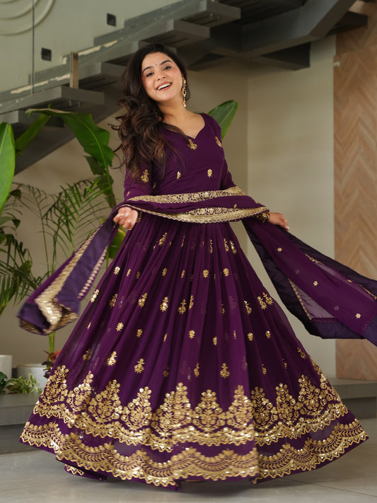 Wonderful Purple Embroidered Georgette Bridesmaid Gown
