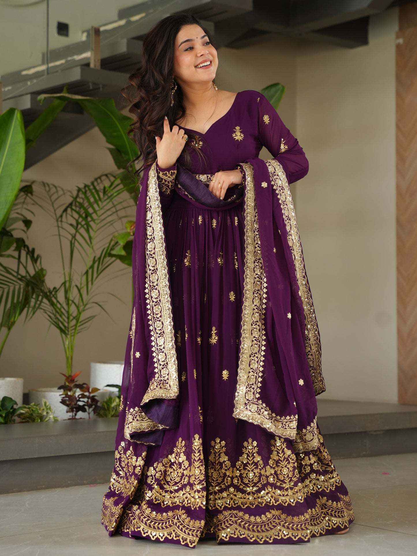 Wonderful Purple Embroidered Georgette Bridesmaid Gown