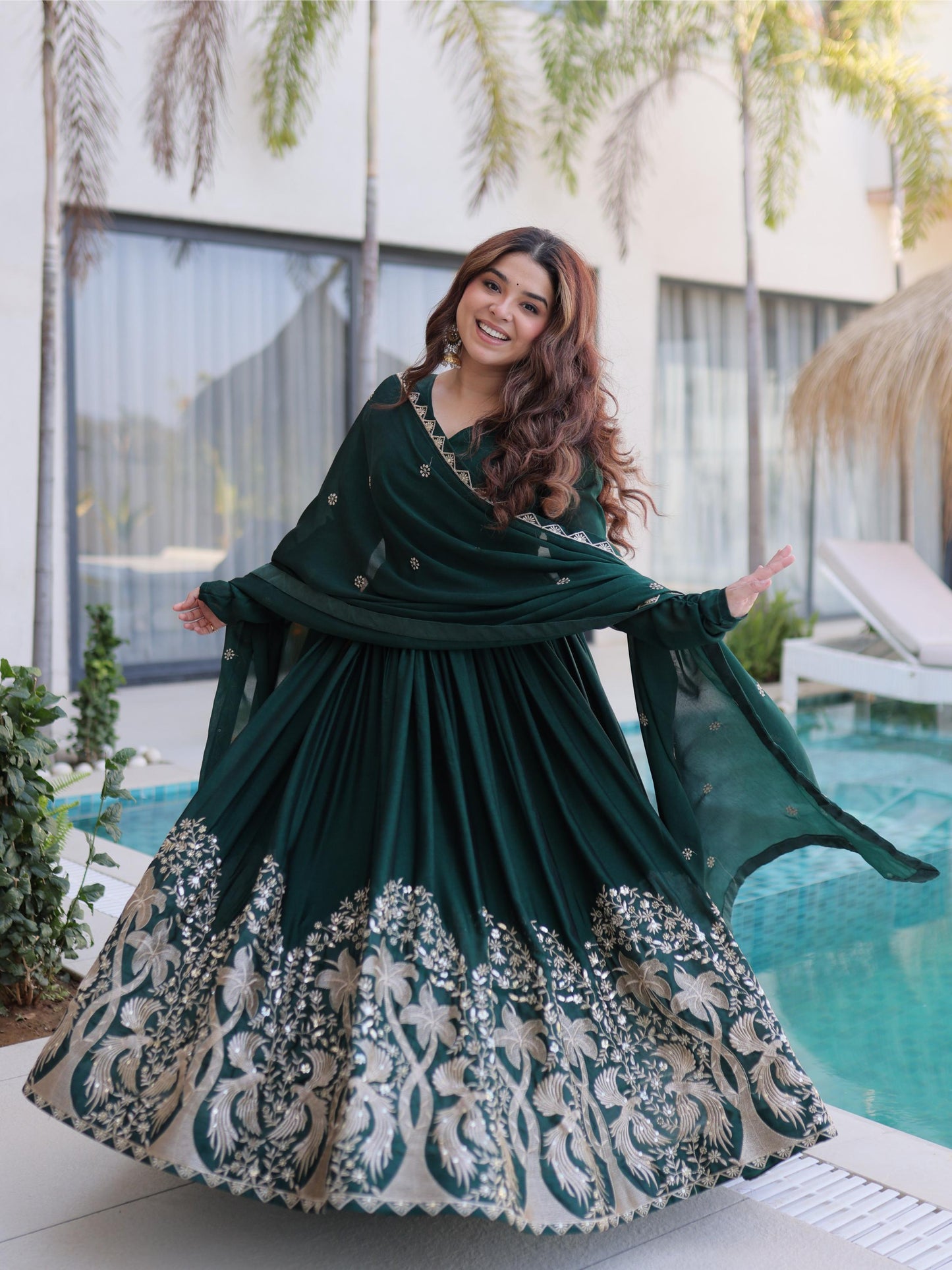 Charming Green Embroidered Crush Silk Mehndi Wear Gown