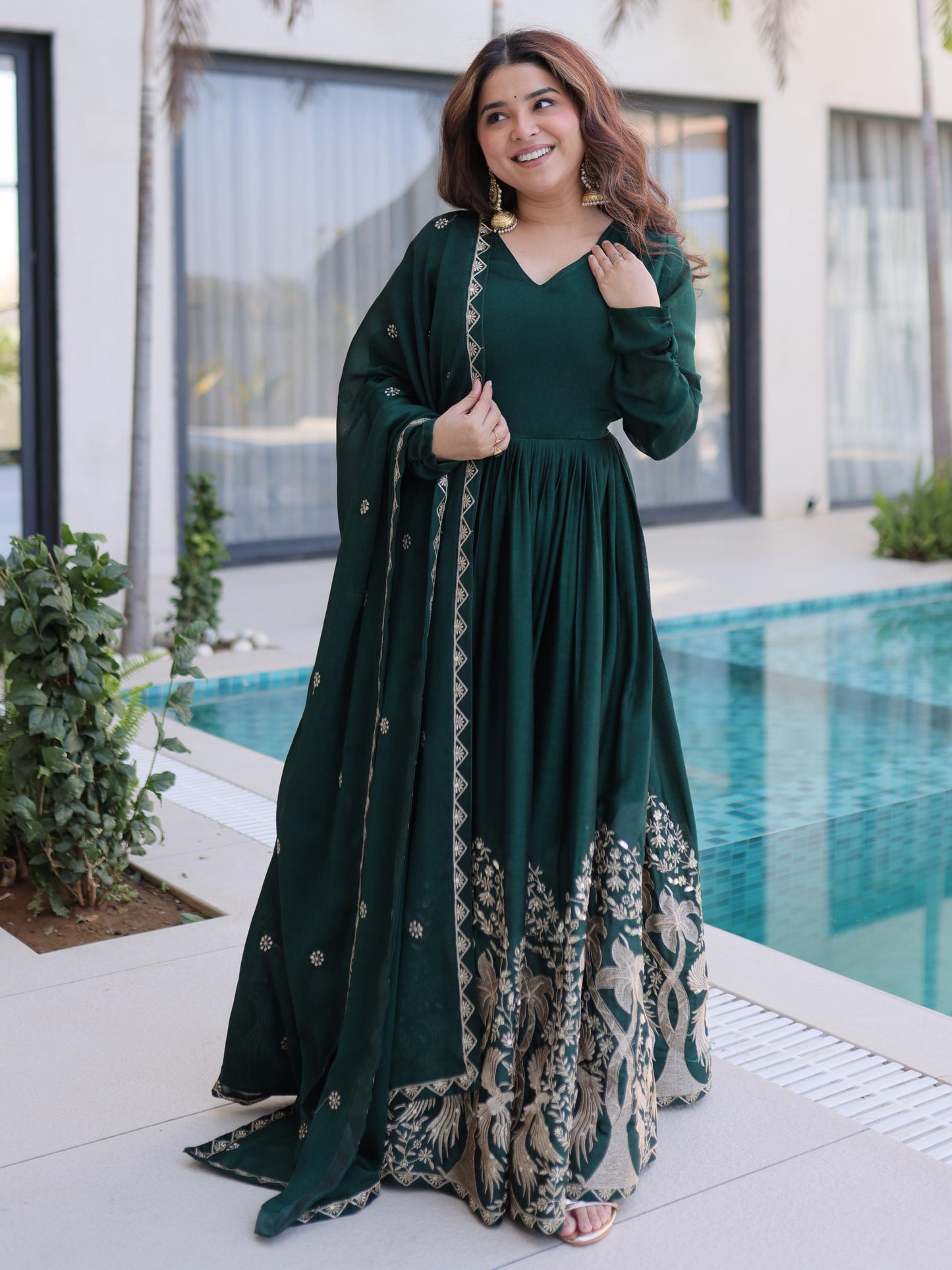 Charming Green Embroidered Crush Silk Mehndi Wear Gown