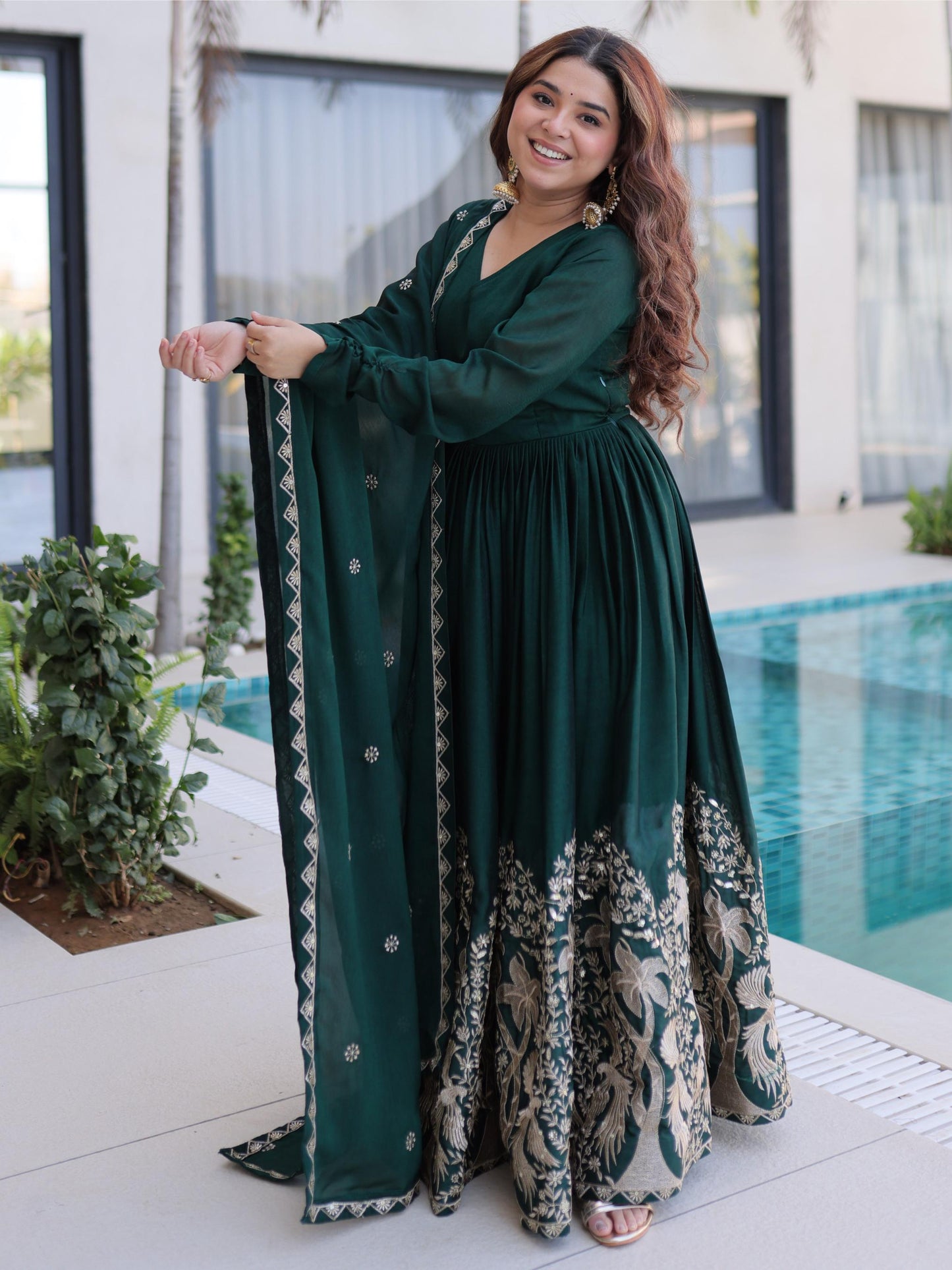 Charming Green Embroidered Crush Silk Mehndi Wear Gown