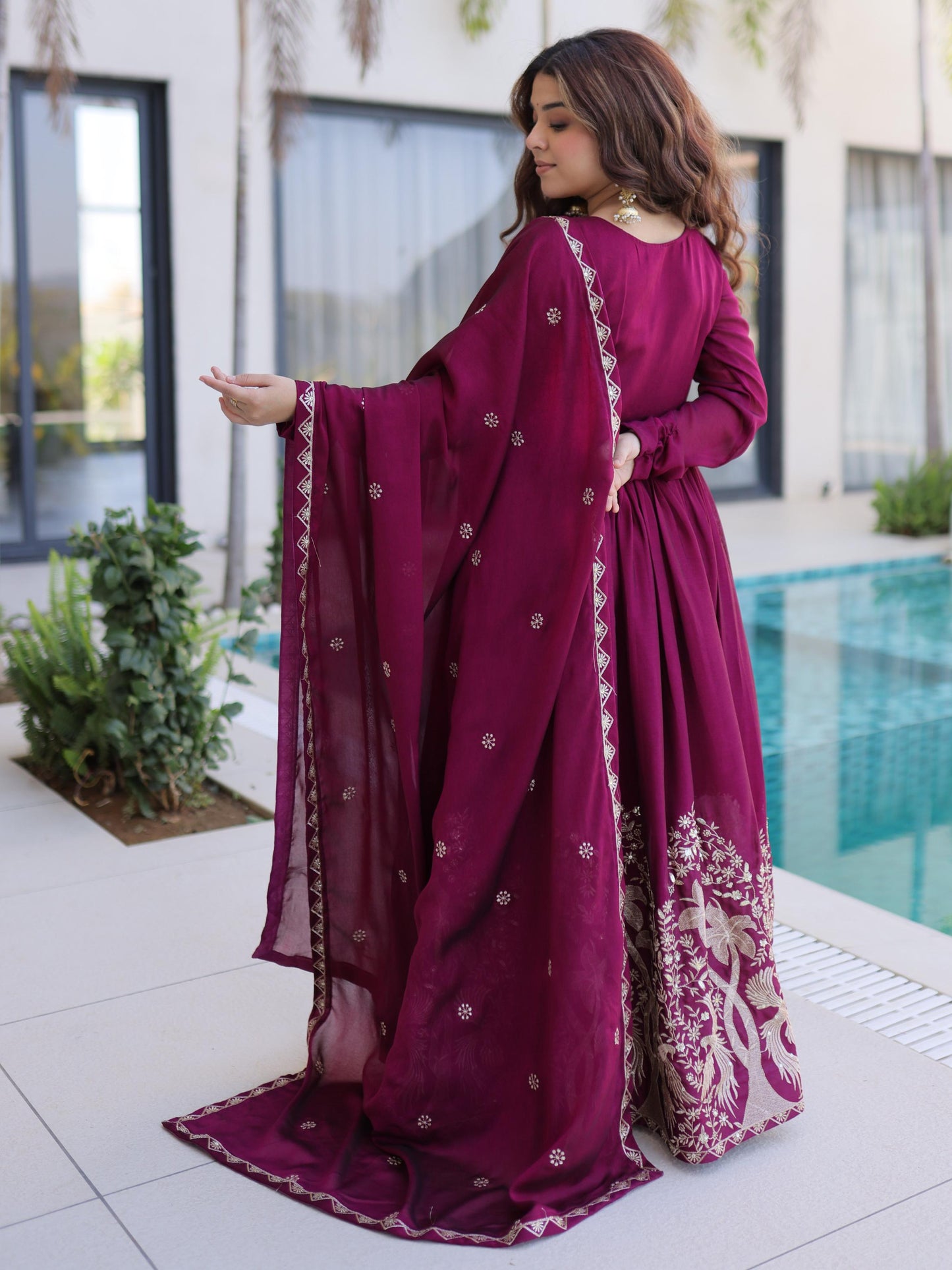 Marvelous Wine Embroidered Crush Silk Engagement Wear Gown