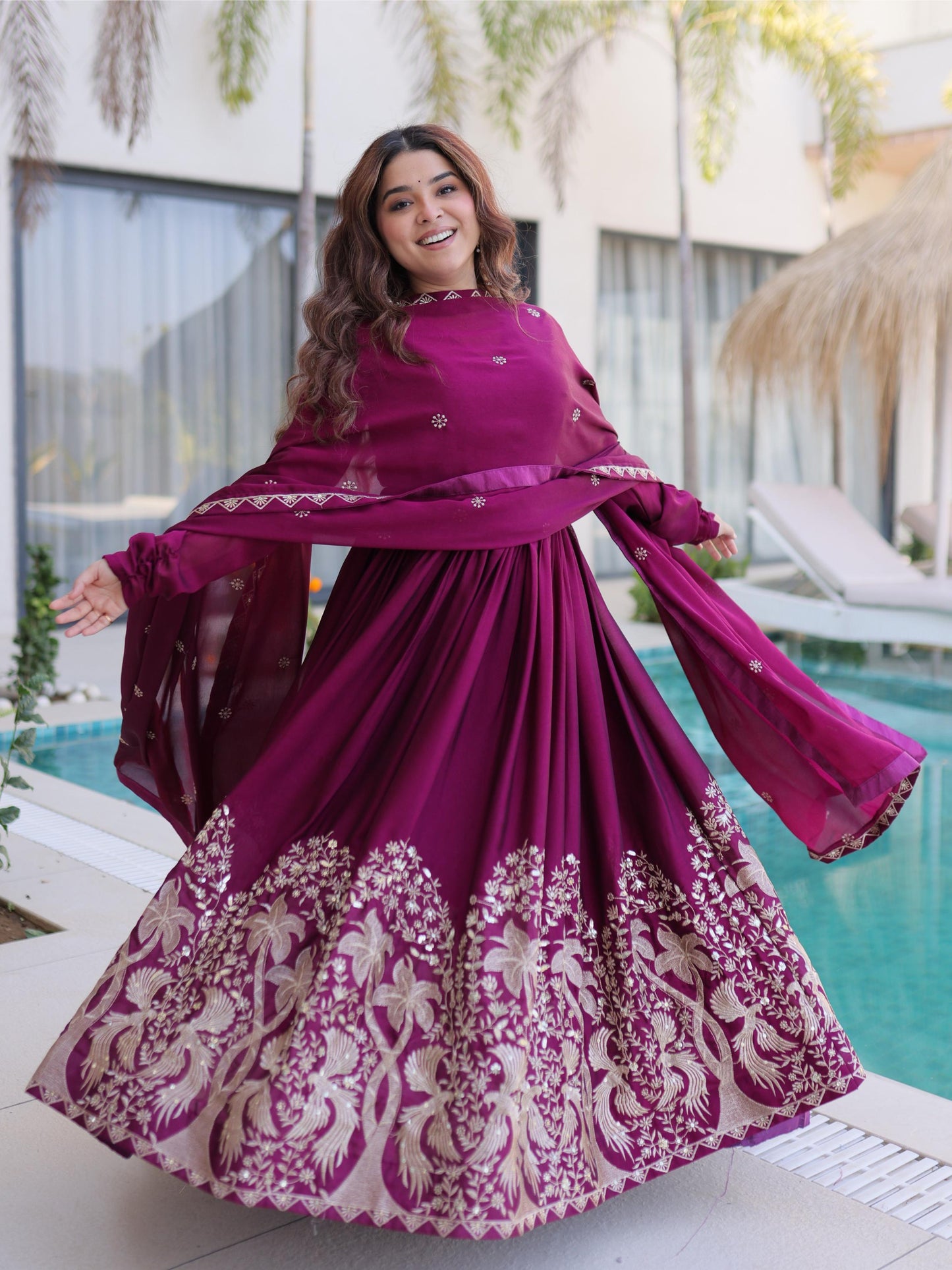 Marvelous Wine Embroidered Crush Silk Engagement Wear Gown