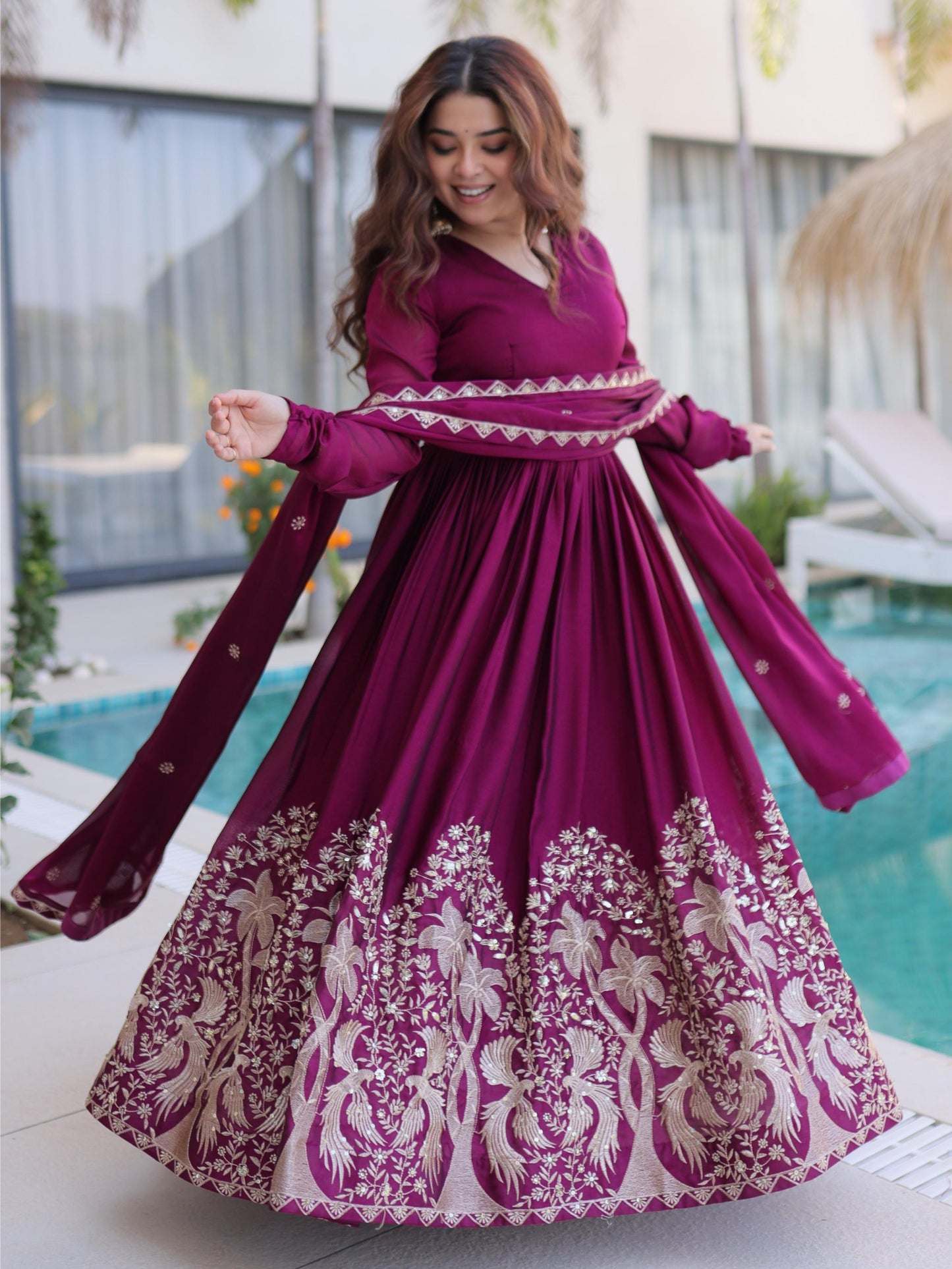Marvelous Wine Embroidered Crush Silk Engagement Wear Gown