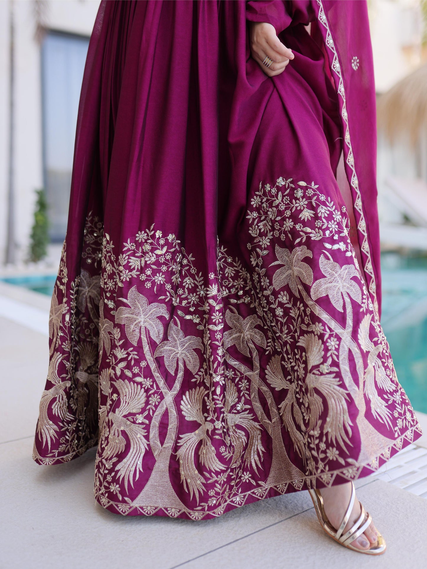 Marvelous Wine Embroidered Crush Silk Engagement Wear Gown