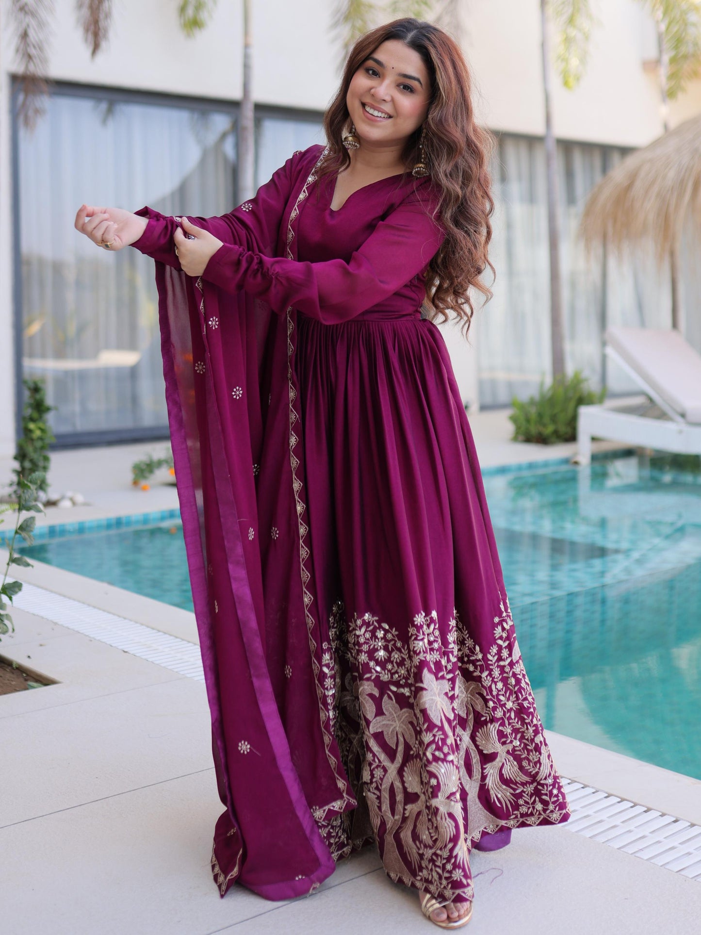 Marvelous Wine Embroidered Crush Silk Engagement Wear Gown