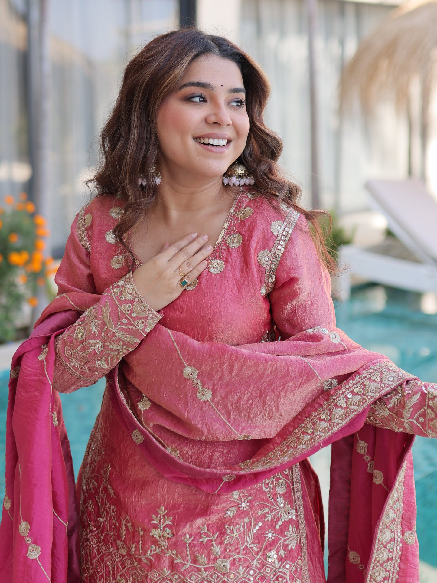 Pretty Pink Zari Work Silk Wedding Wear Palazzo Suit