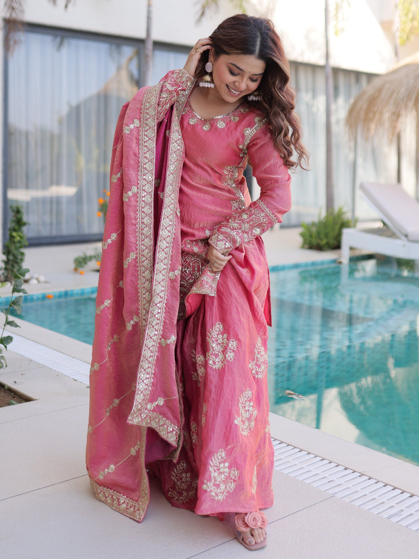 Pretty Pink Zari Work Silk Wedding Wear Palazzo Suit