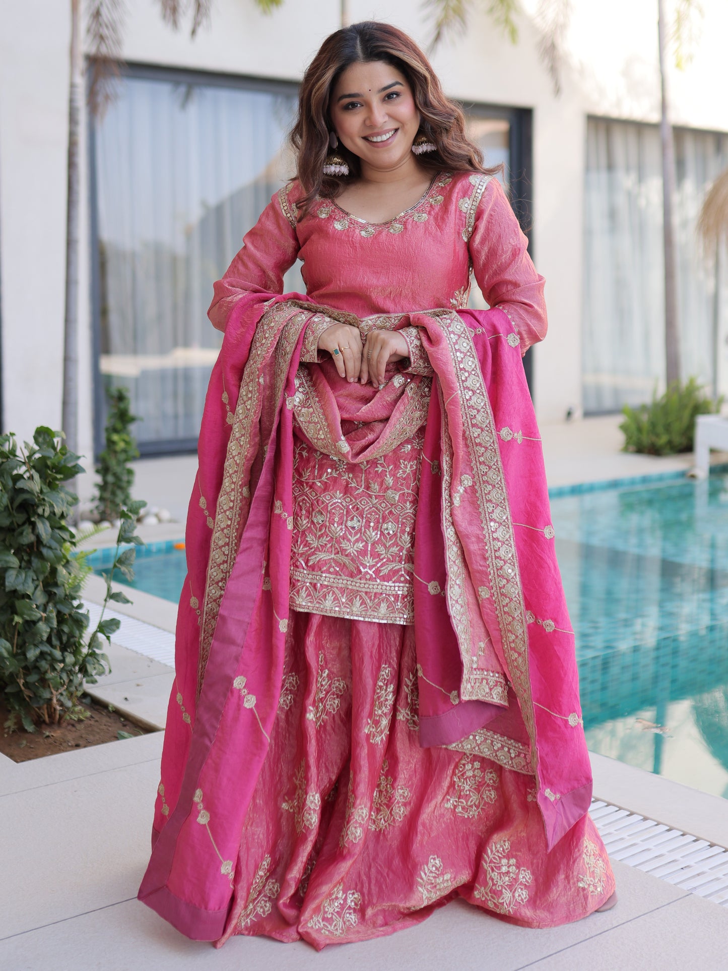 Pretty Pink Zari Work Silk Wedding Wear Palazzo Suit