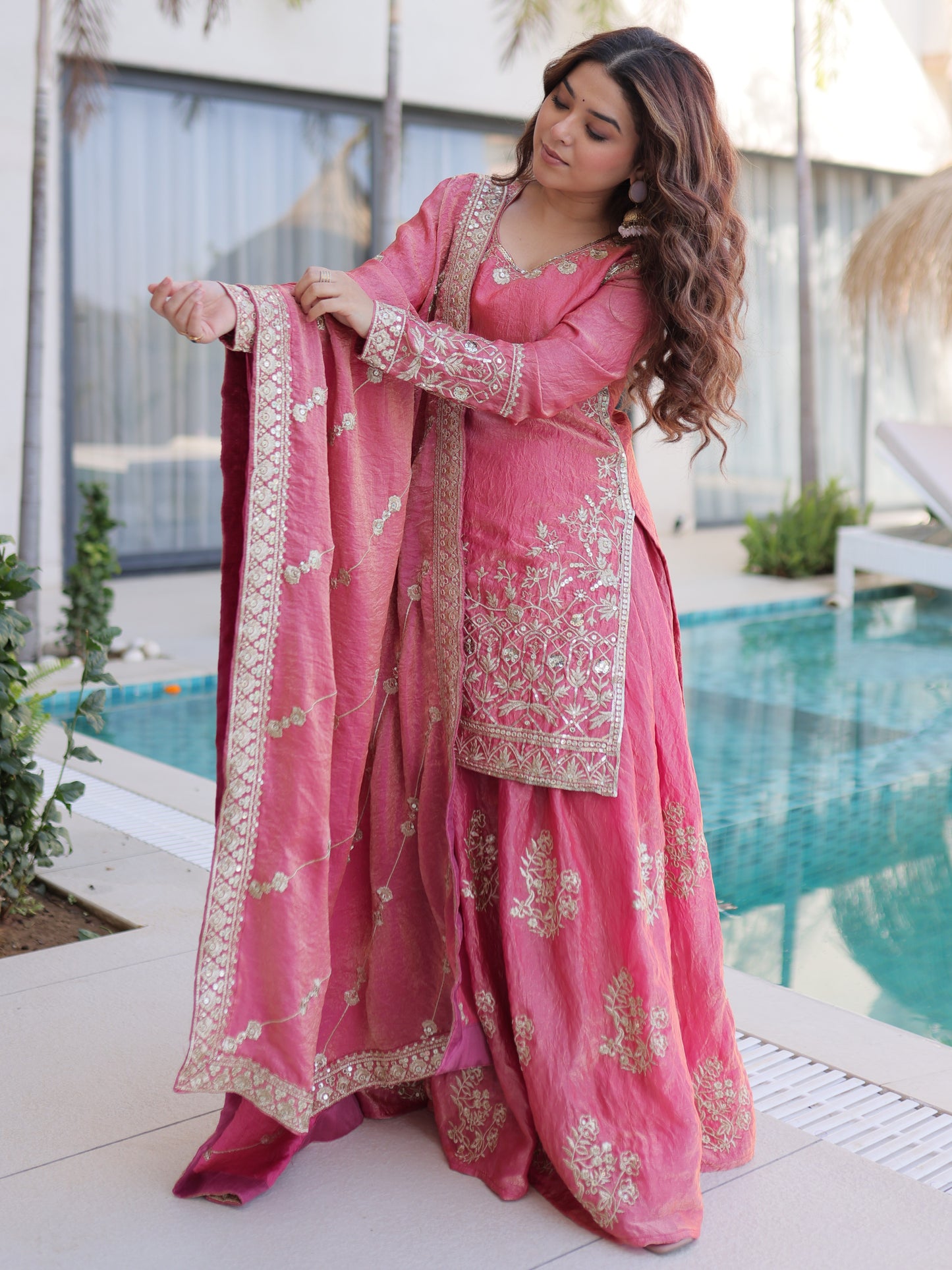 Pretty Pink Zari Work Silk Wedding Wear Palazzo Suit