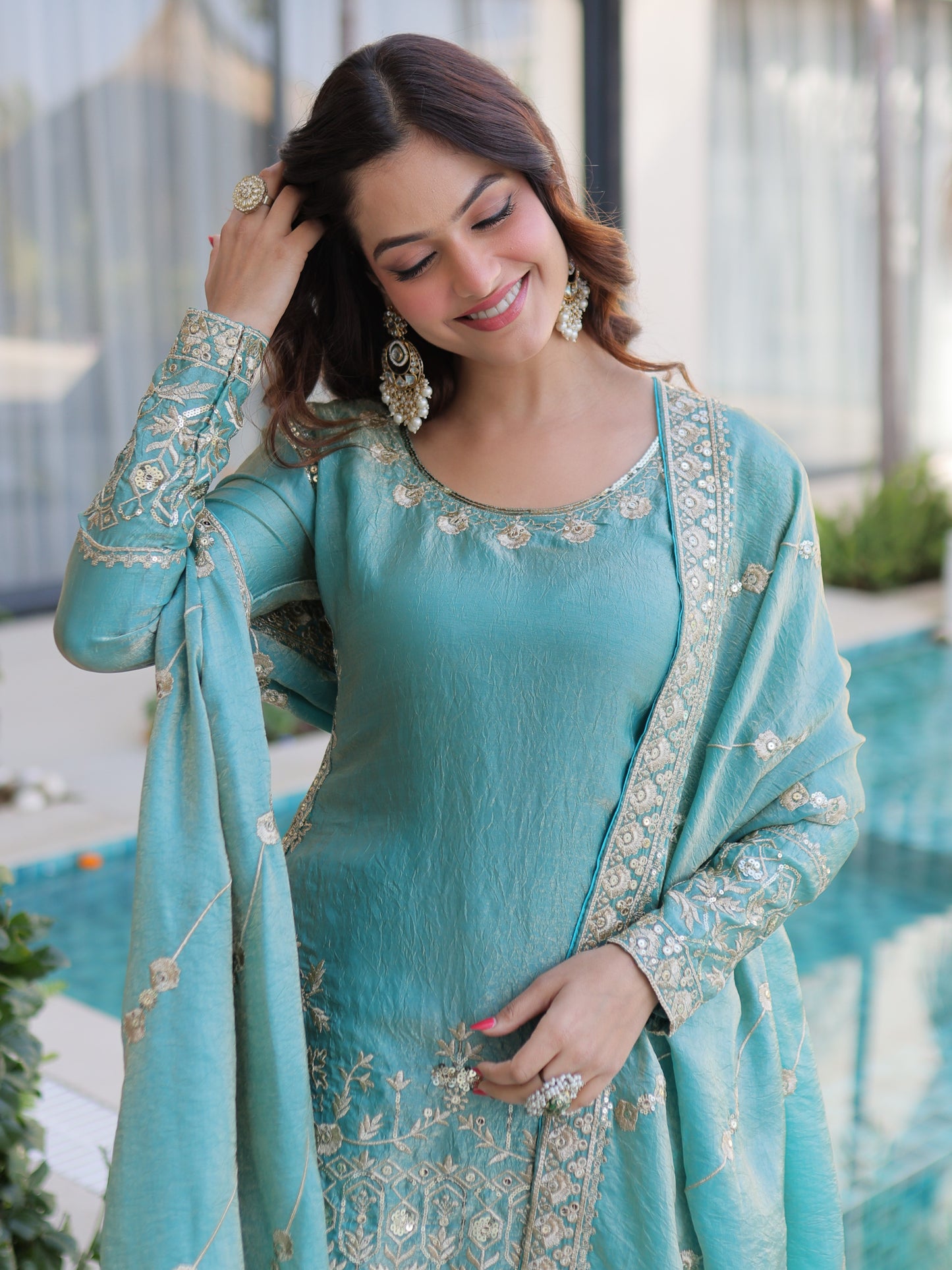 Beautiful Sky Blue Zari Work Silk Bridesmaid Palazzo Suit