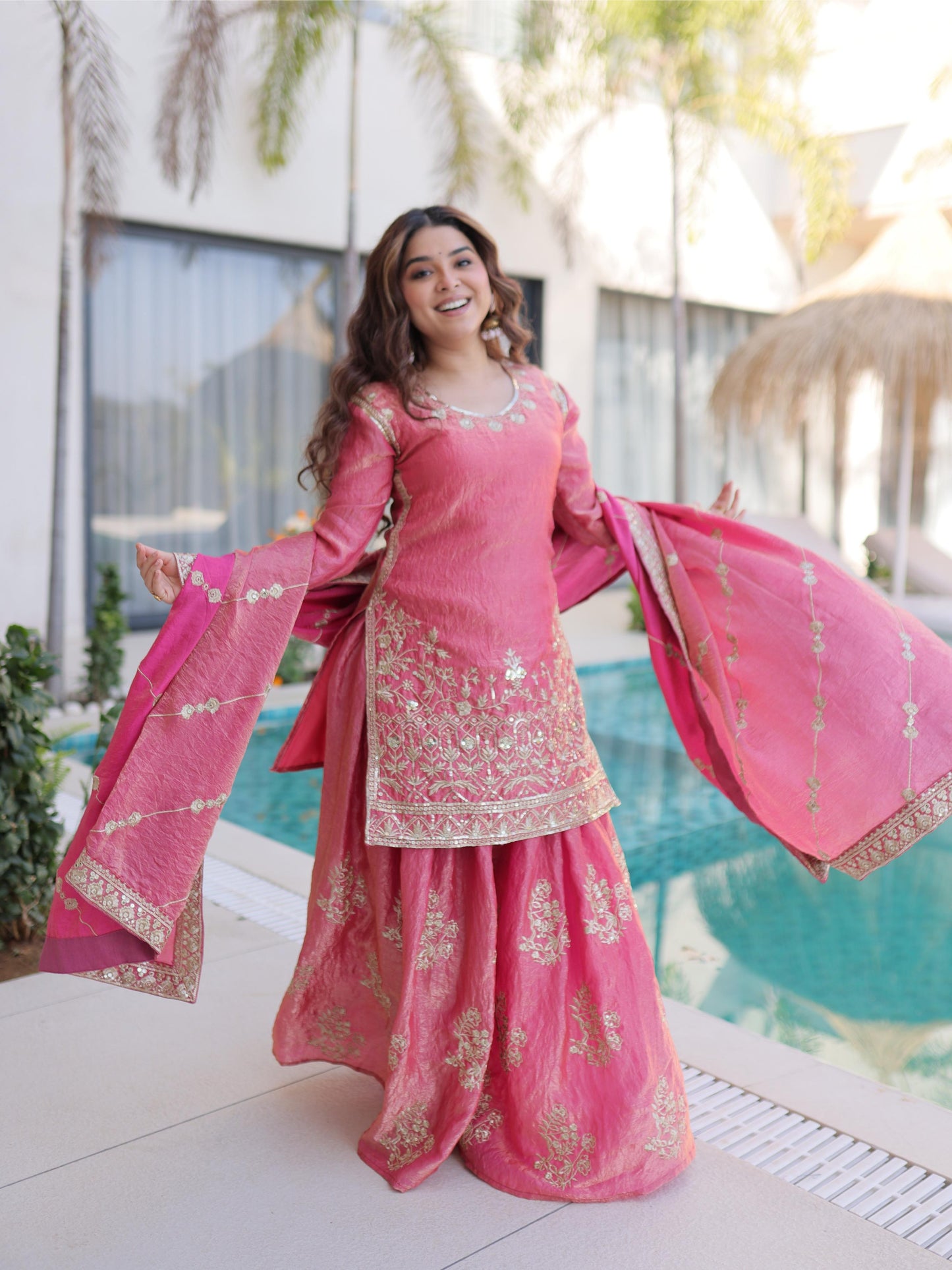 Pretty Pink Zari Work Silk Wedding Wear Palazzo Suit