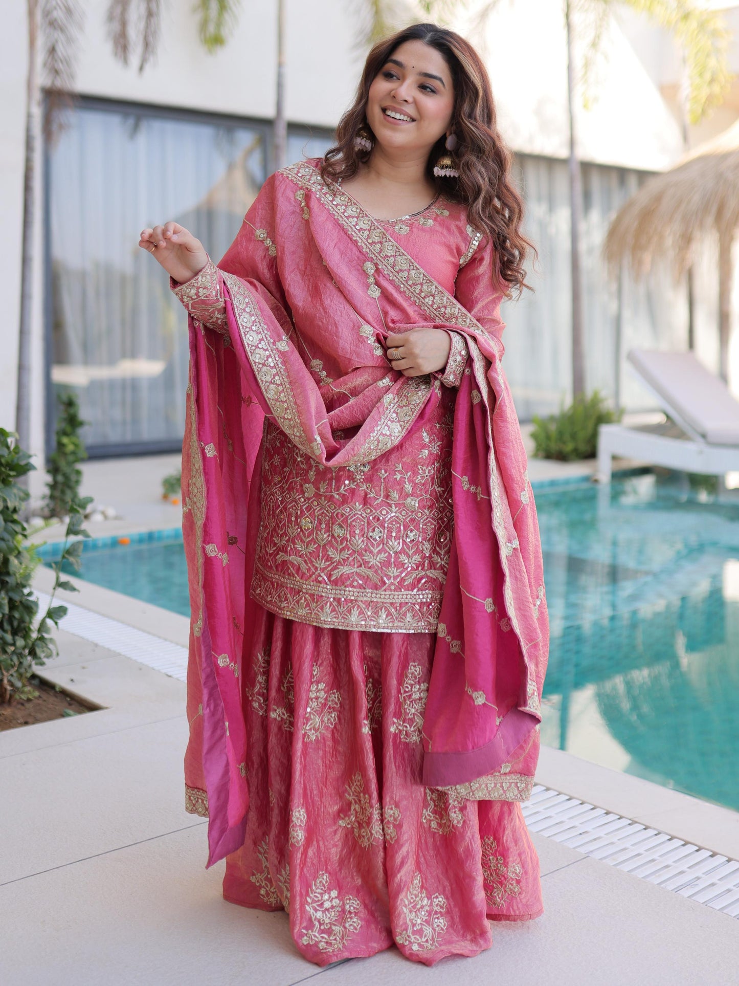 Pretty Pink Zari Work Silk Wedding Wear Palazzo Suit