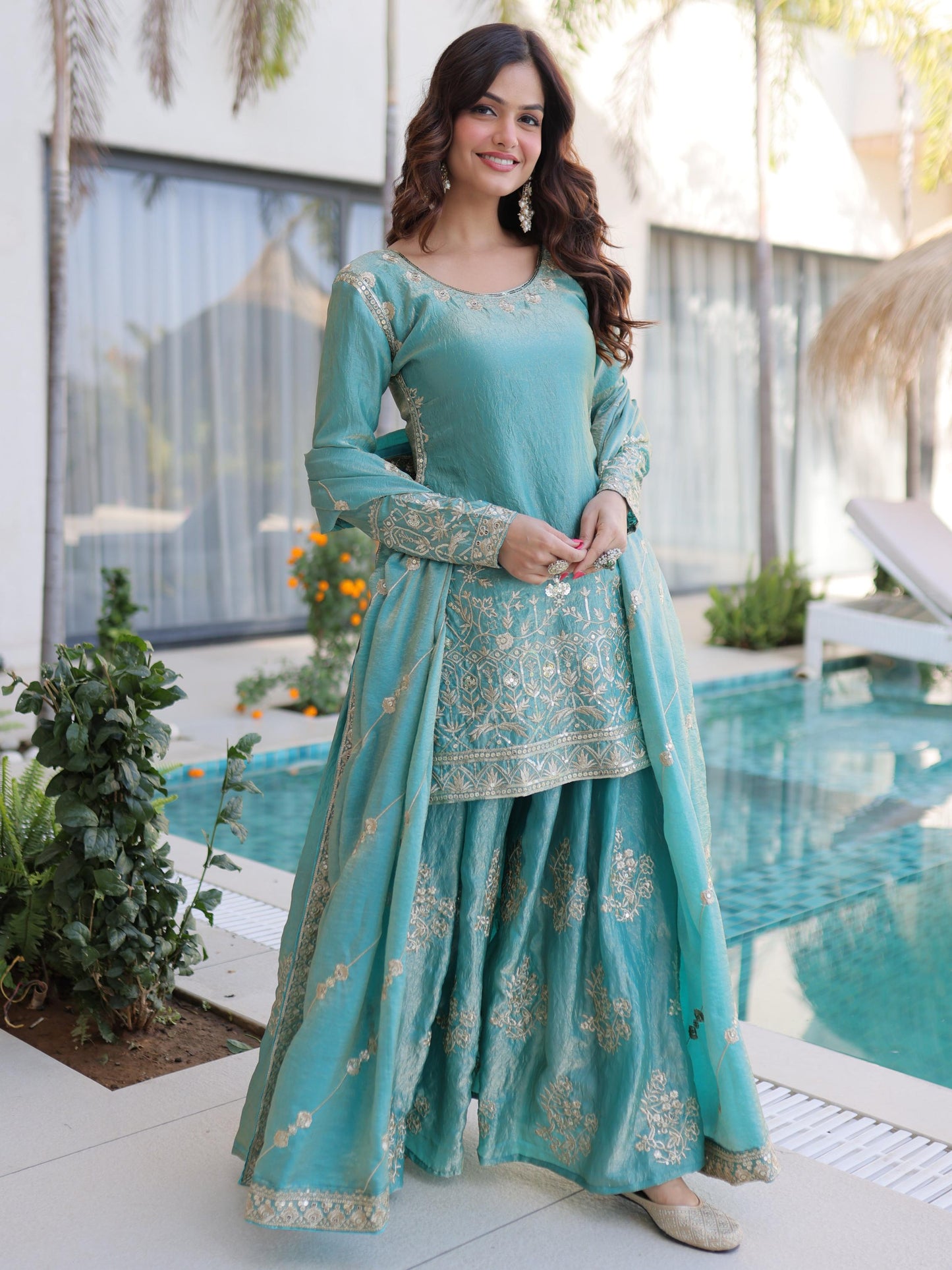 Beautiful Sky Blue Zari Work Silk Bridesmaid Palazzo Suit