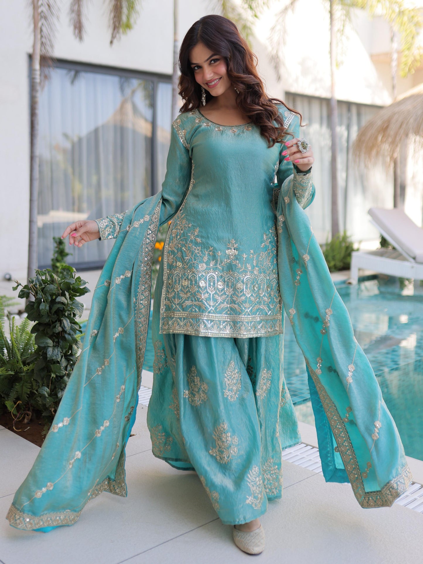 Beautiful Sky Blue Zari Work Silk Bridesmaid Palazzo Suit
