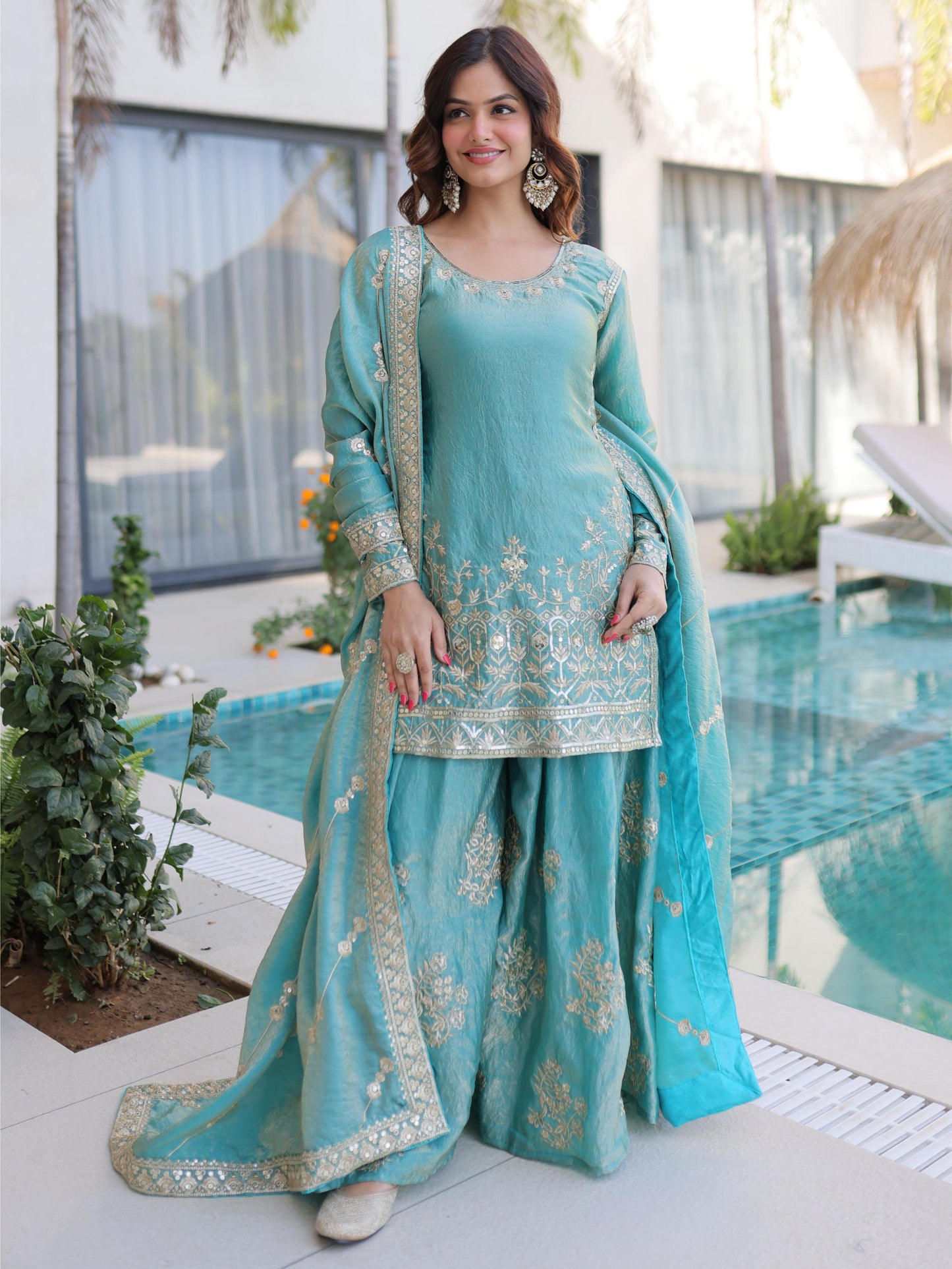 Beautiful Sky Blue Zari Work Silk Bridesmaid Palazzo Suit