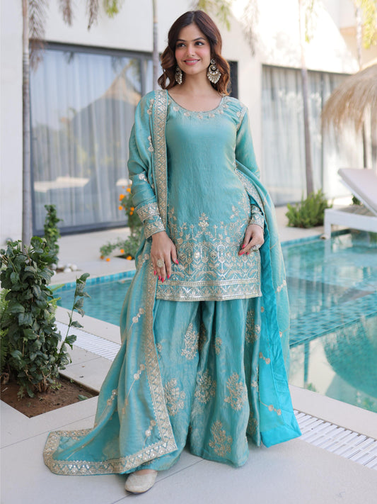 Beautiful Sky Blue Zari Work Silk Bridesmaid Palazzo Suit