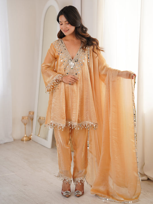Adorable Beige Mirror Work Fendy Haldi Wear Pant Suit