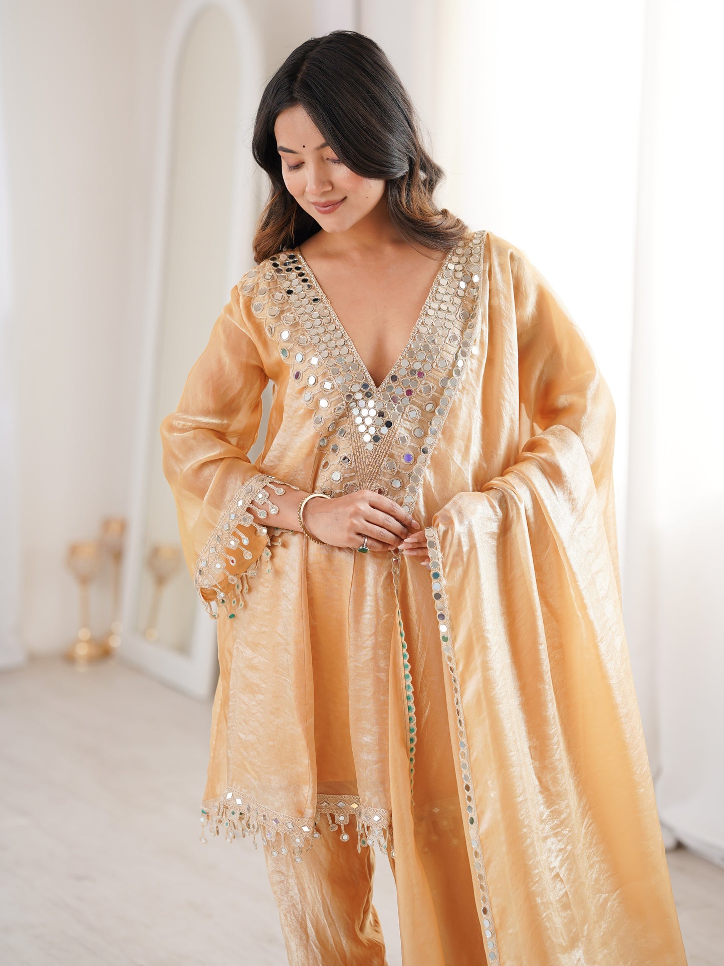 Adorable Beige Mirror Work Fendy Haldi Wear Pant Suit