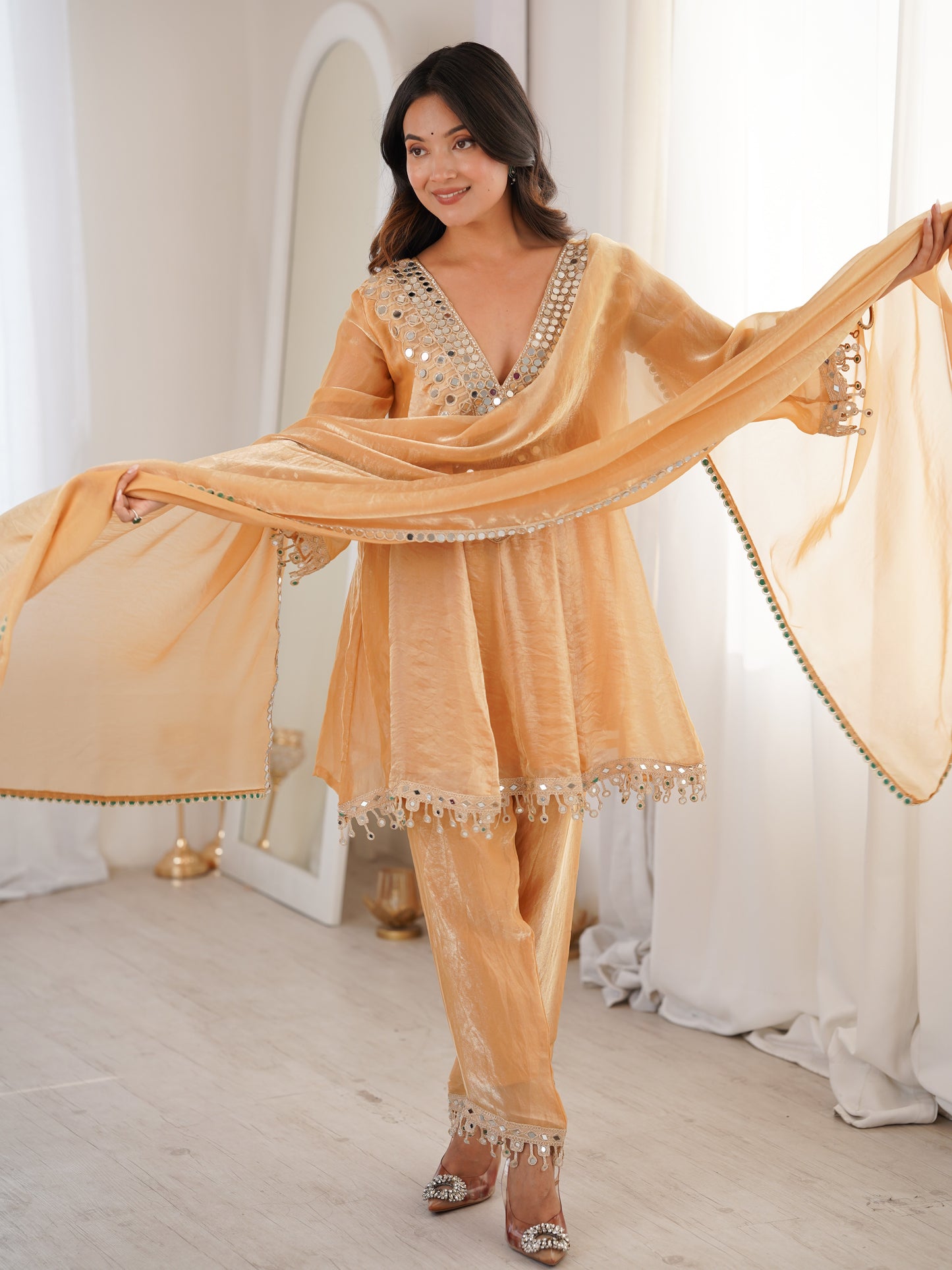 Adorable Beige Mirror Work Fendy Haldi Wear Pant Suit