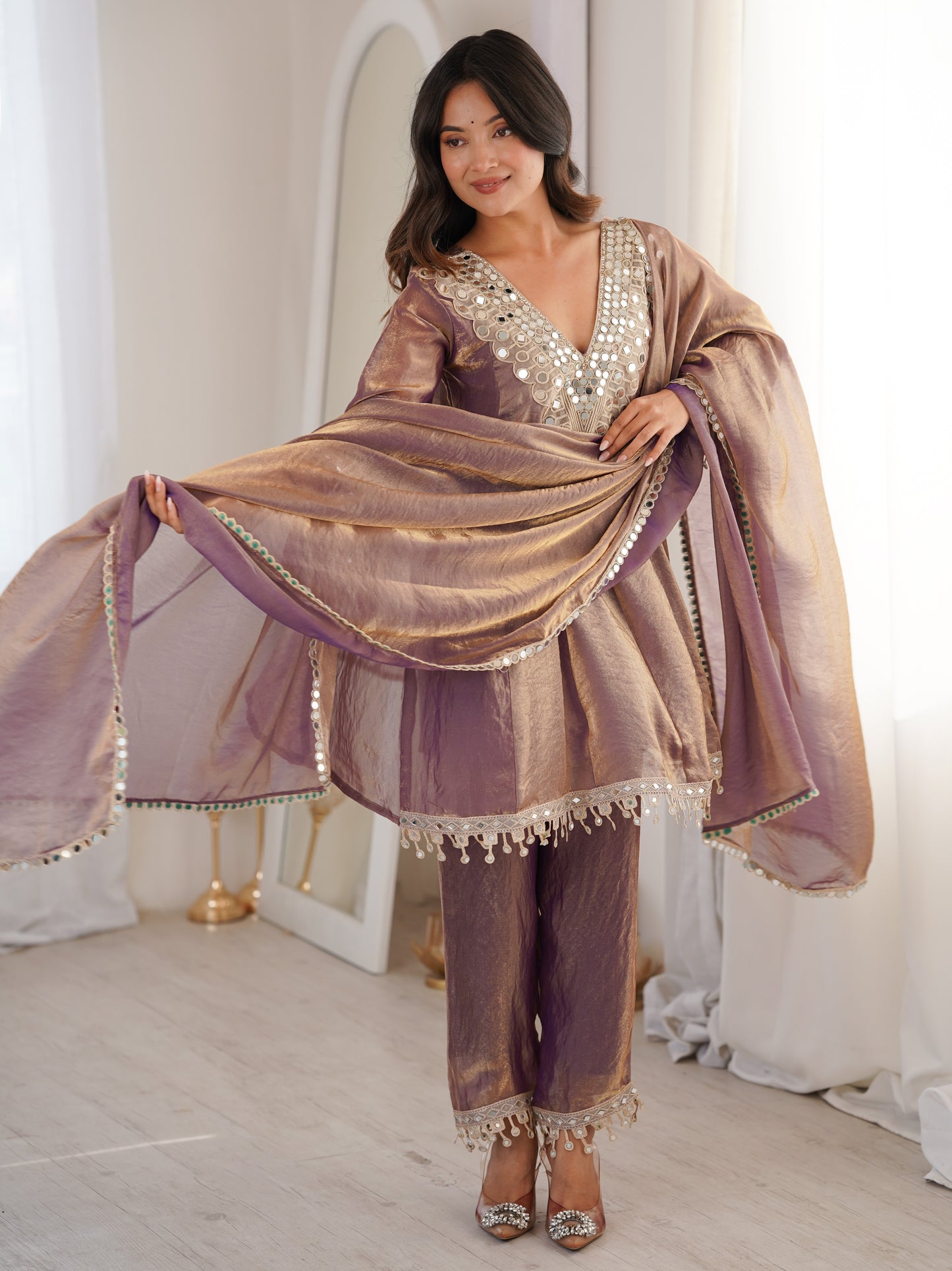 Mesmerizing purple Mirror Work Fendy Designer Pant Suit