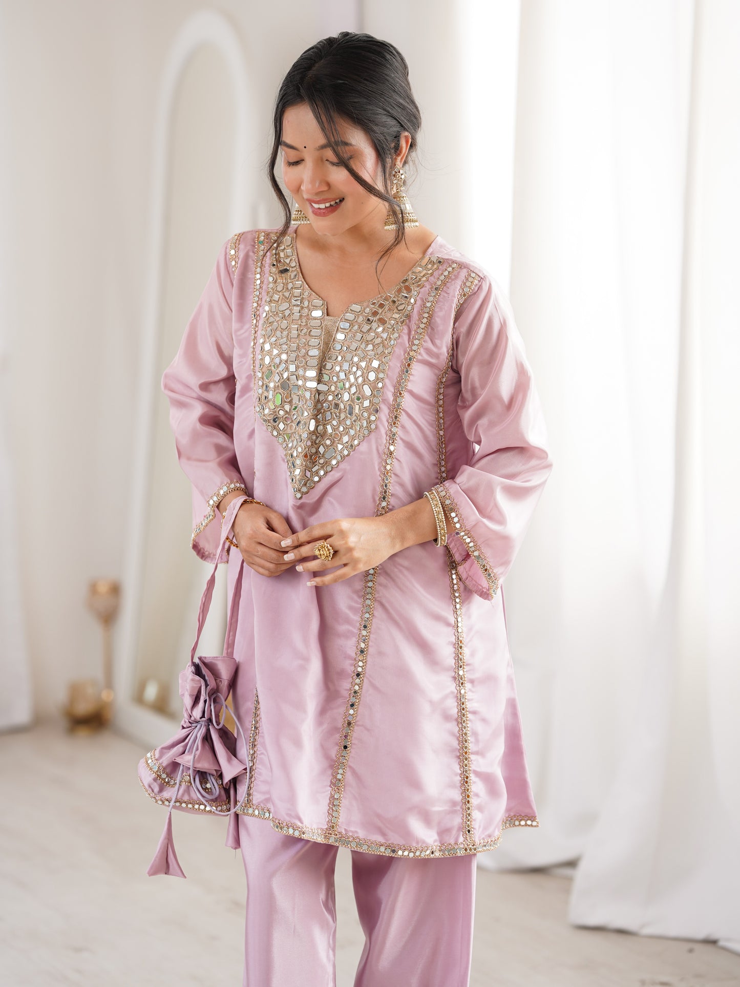 Capricious Pink Mirror Work Silk Sangeet Pant Suit