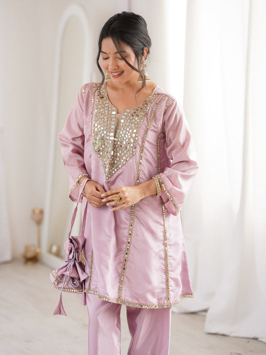 Capricious Pink Mirror Work Silk Sangeet Pant Suit