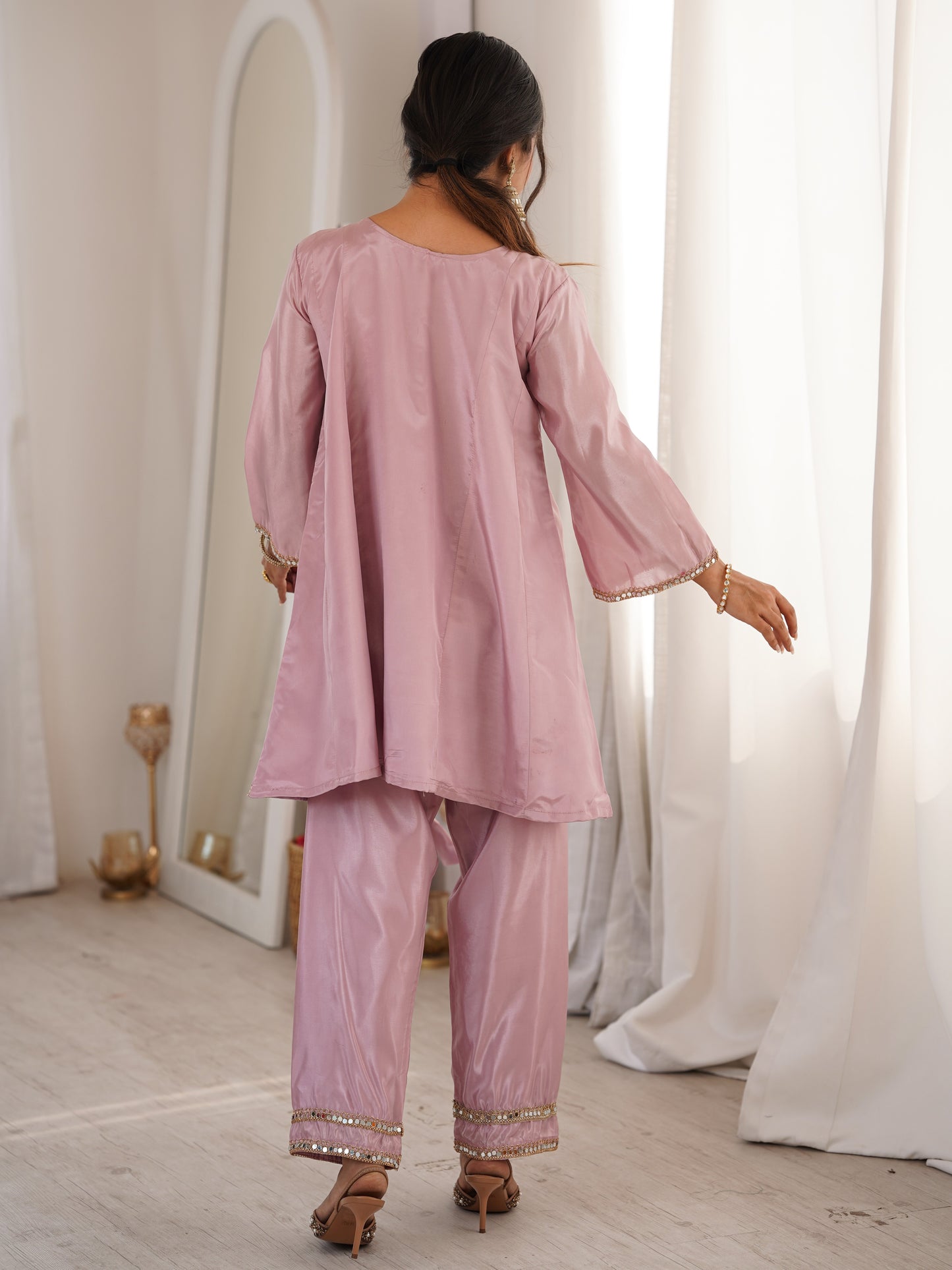 Capricious Pink Mirror Work Silk Sangeet Pant Suit
