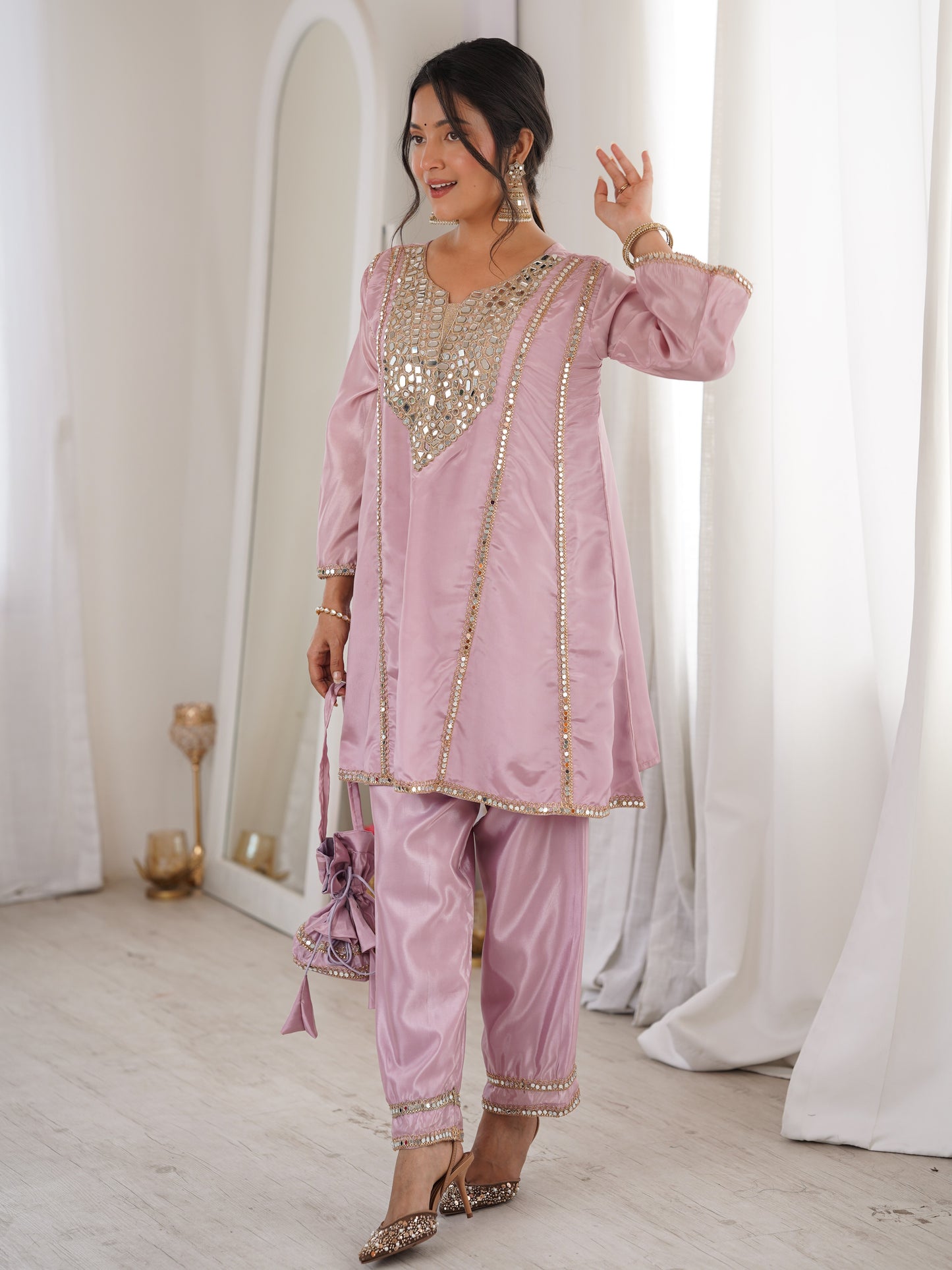 Capricious Pink Mirror Work Silk Sangeet Pant Suit