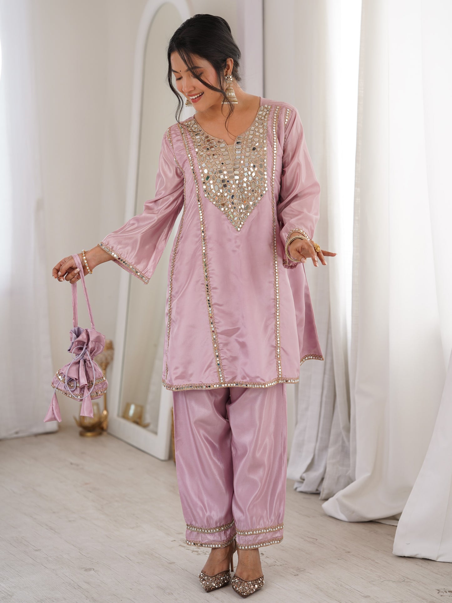 Capricious Pink Mirror Work Silk Sangeet Pant Suit