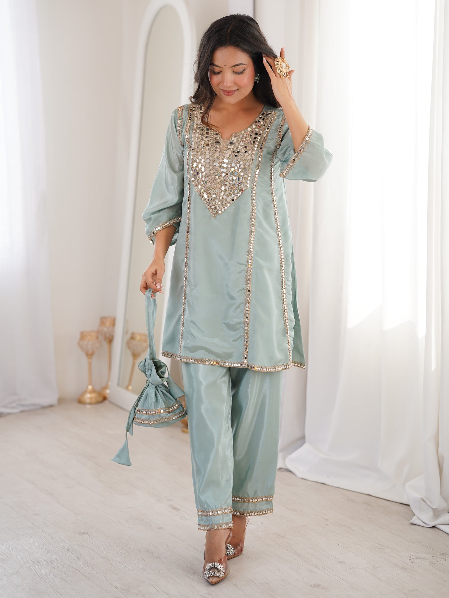 Classy Sky-Blue Mirror Work Silk Festive Pant Suit