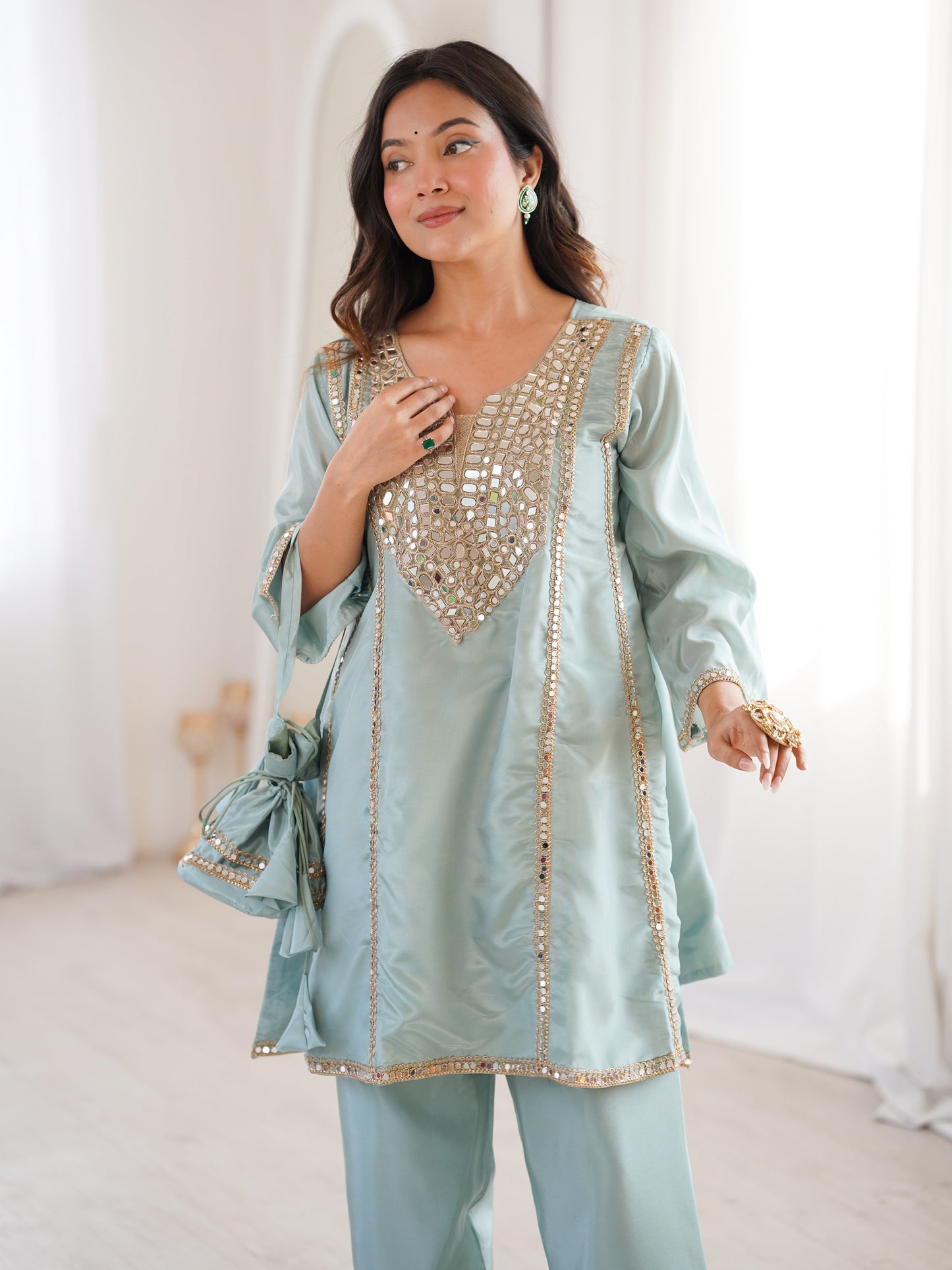 Classy Sky-Blue Mirror Work Silk Festive Pant Suit