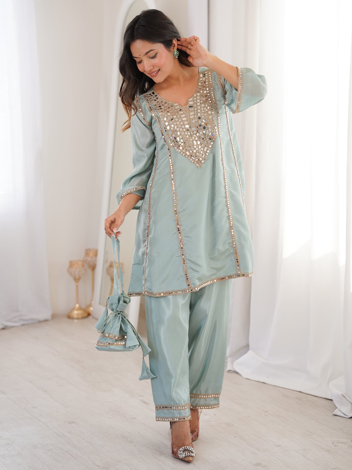 Classy Sky-Blue Mirror Work Silk Festive Pant Suit