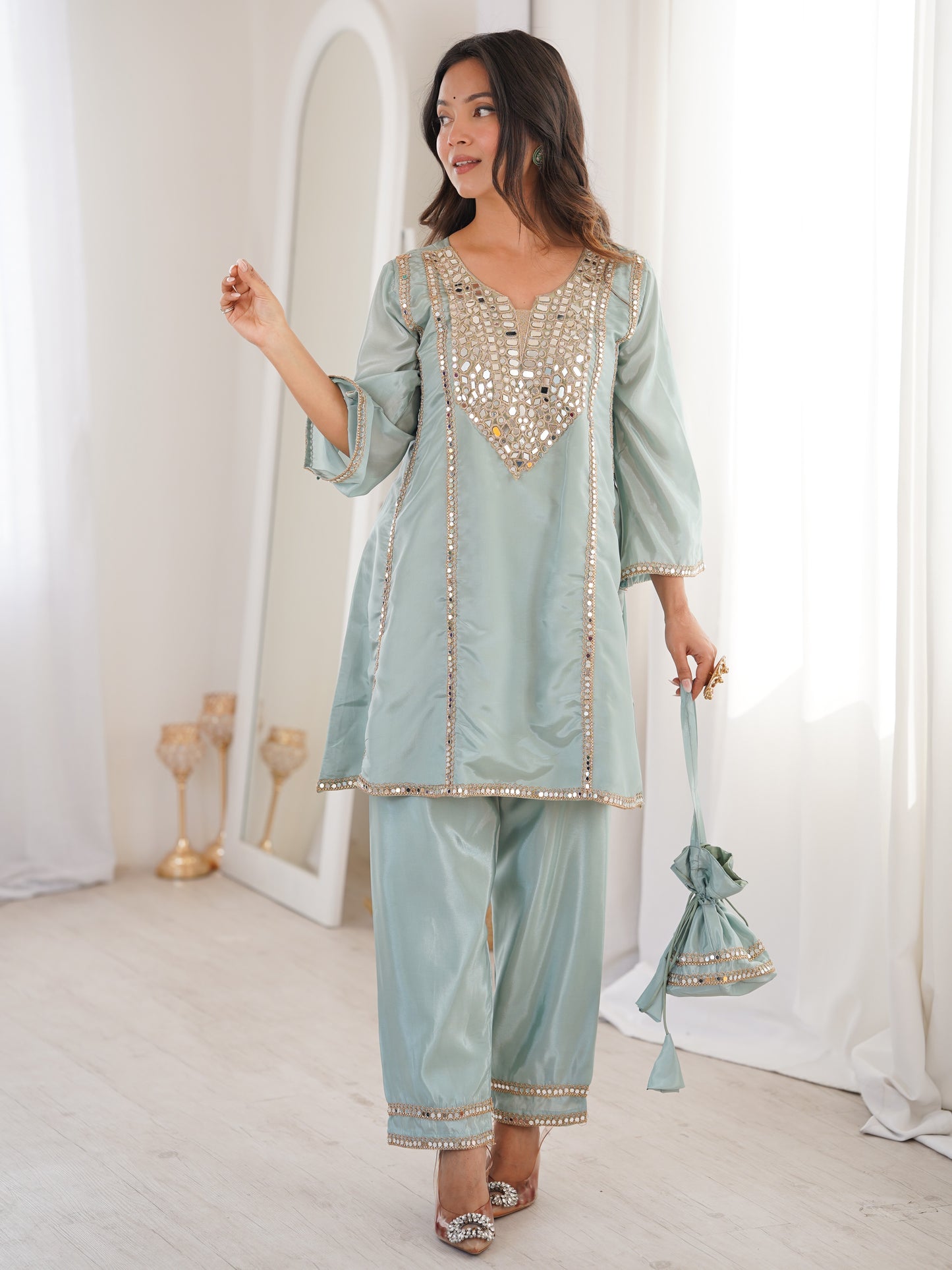 Classy Sky-Blue Mirror Work Silk Festive Pant Suit