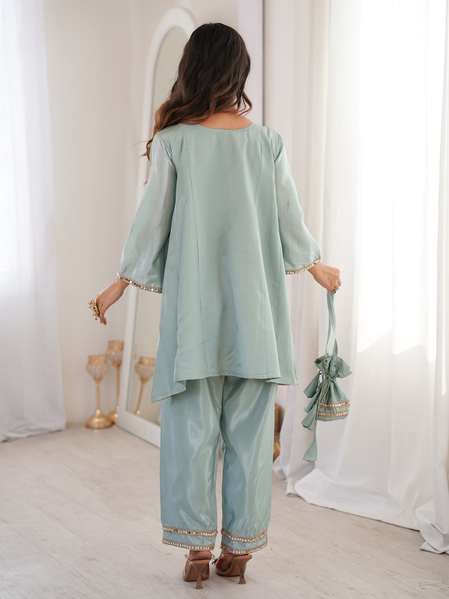 Classy Sky-Blue Mirror Work Silk Festive Pant Suit