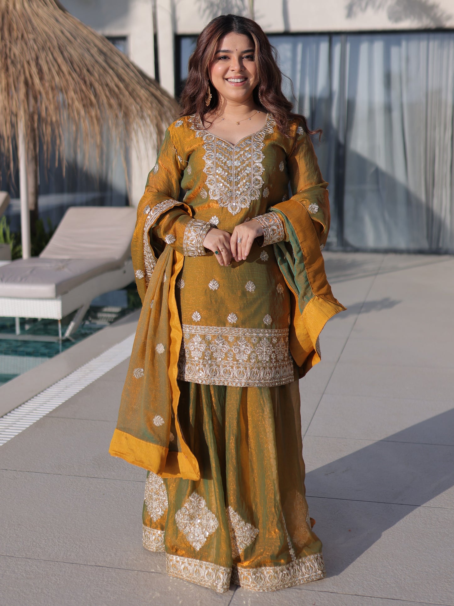 Astonishing Green Embroidered Fendy Mehndi Wear Palazzo Suit