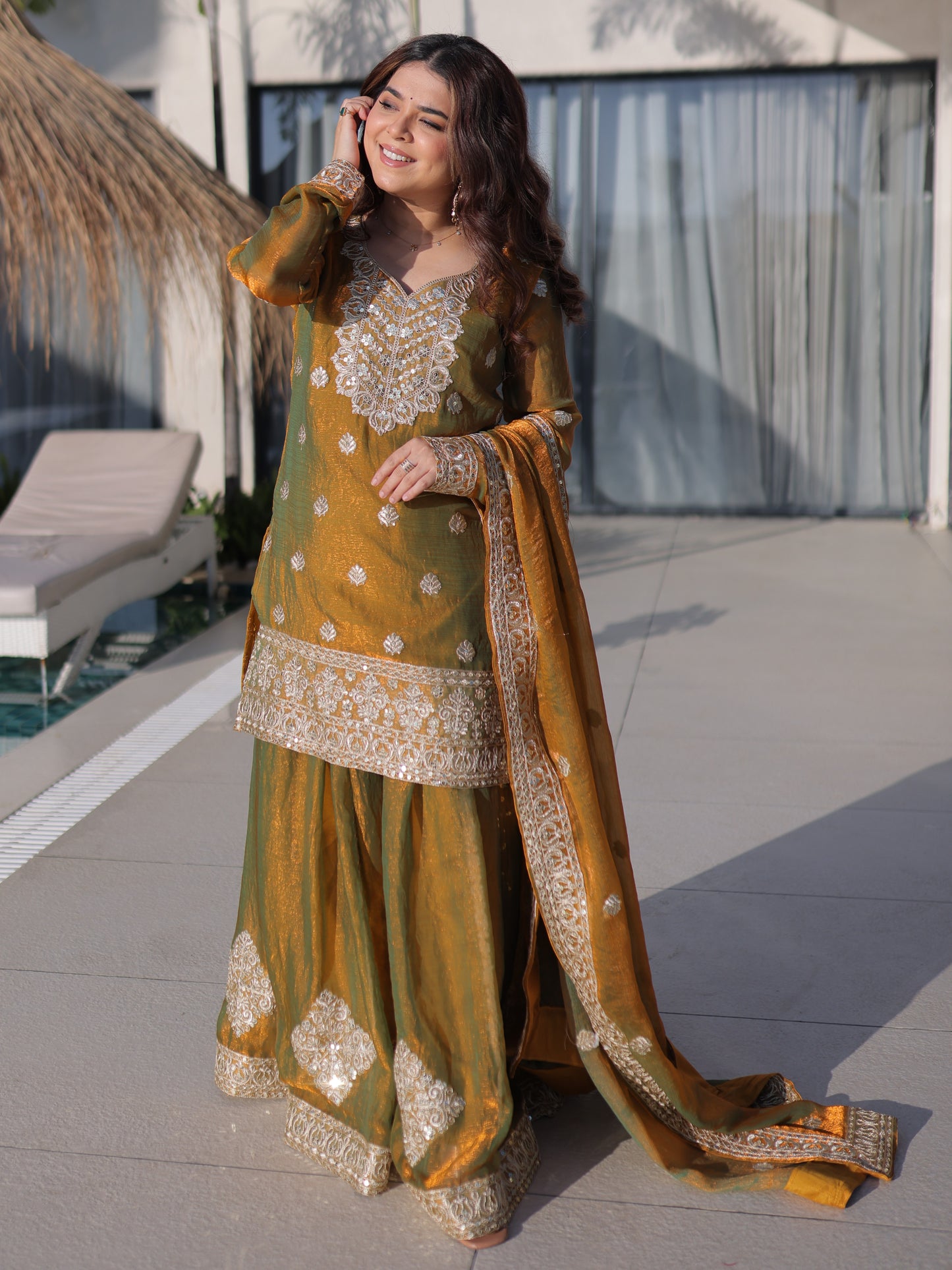 Astonishing Green Embroidered Fendy Mehndi Wear Palazzo Suit