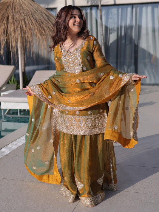 Astonishing Green Embroidered Fendy Mehndi Wear Palazzo Suit