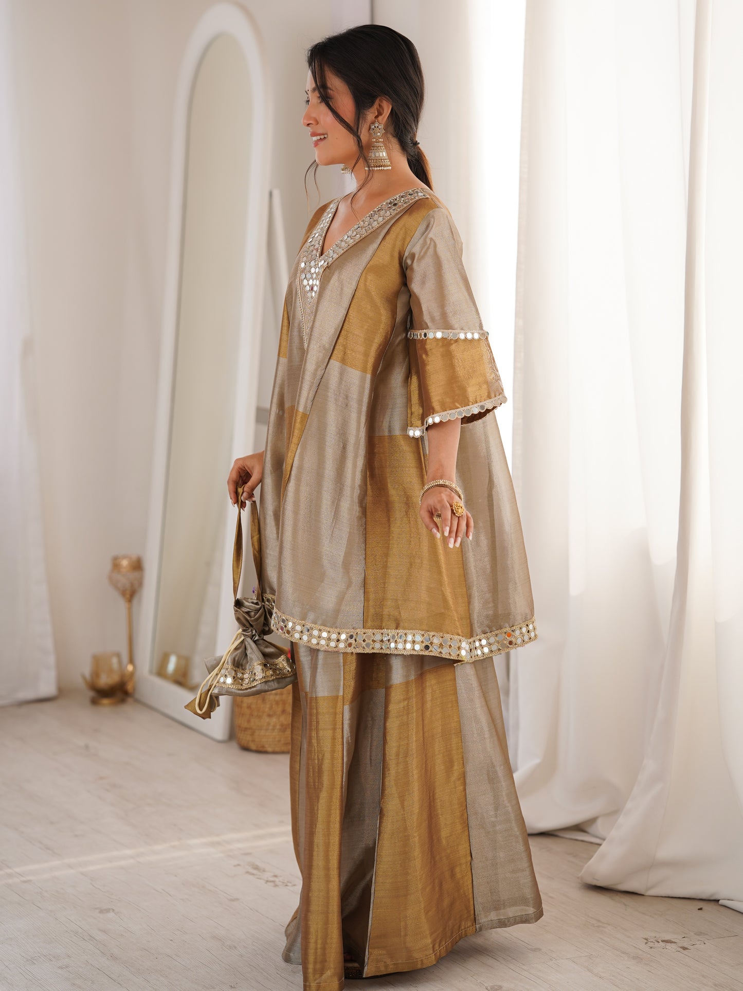 Pretty Golden Mirror Work Tissue Silk Designer Palazzo Suit