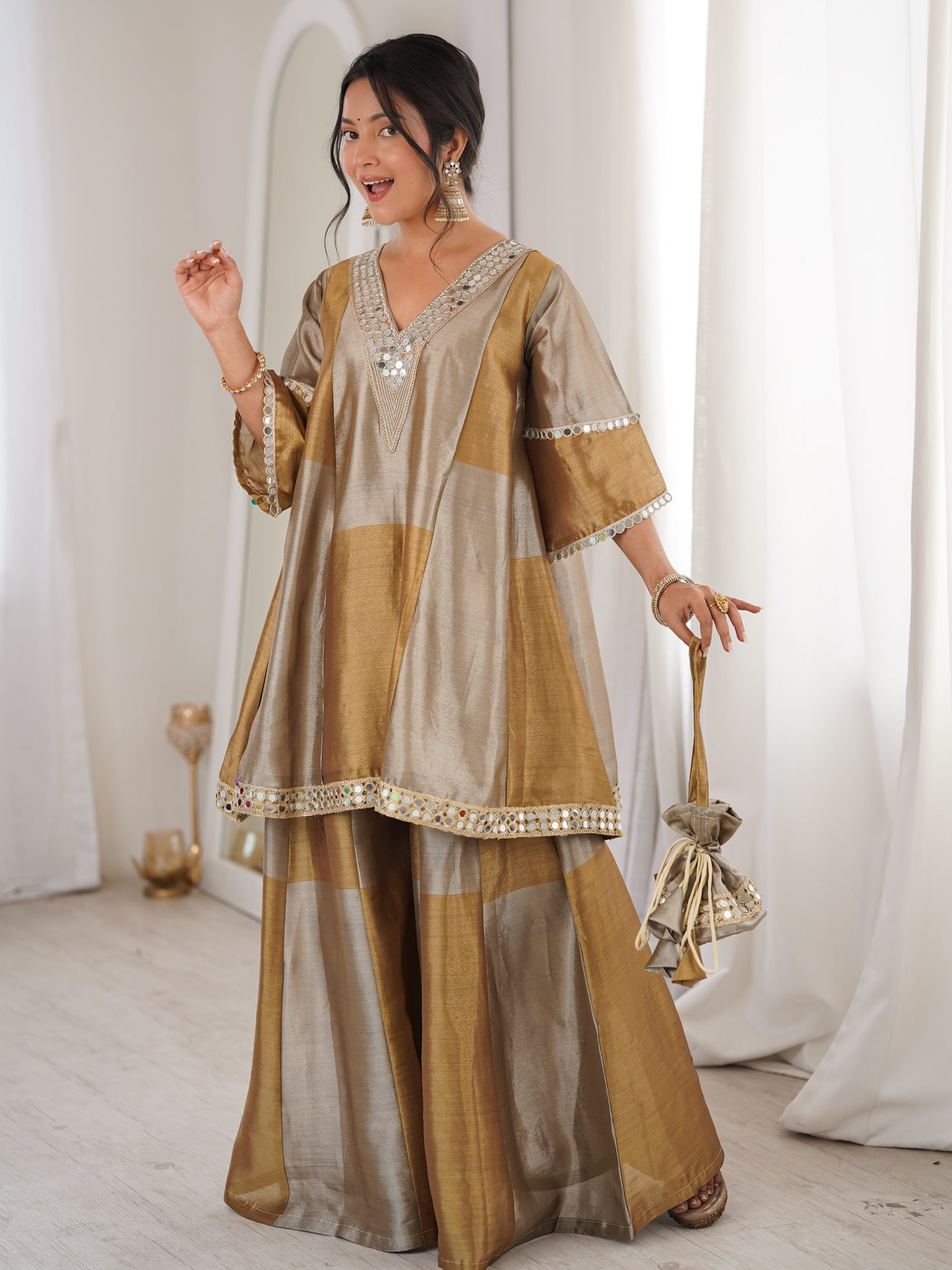 Pretty Golden Mirror Work Tissue Silk Designer Palazzo Suit