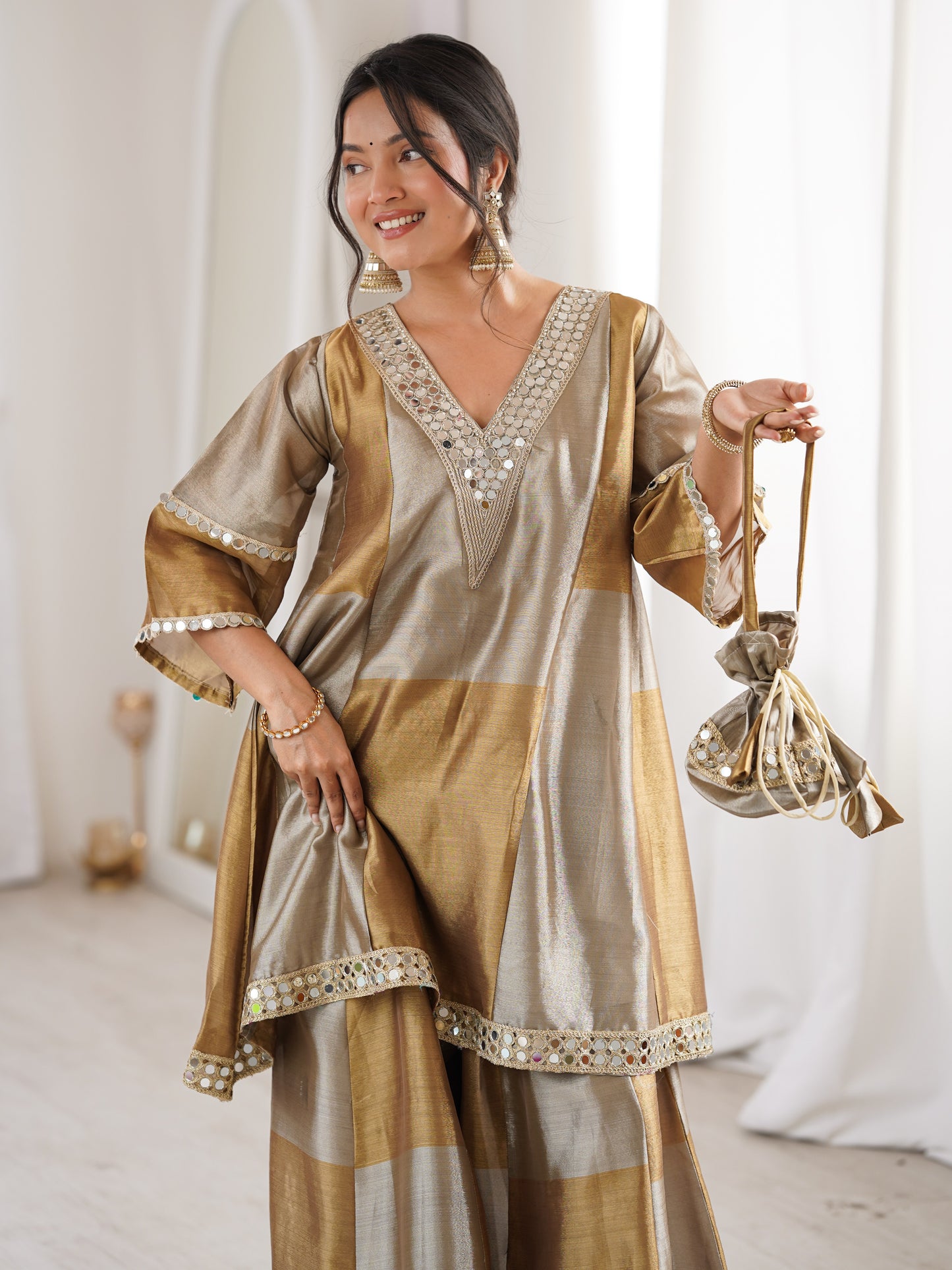 Pretty Golden Mirror Work Tissue Silk Designer Palazzo Suit