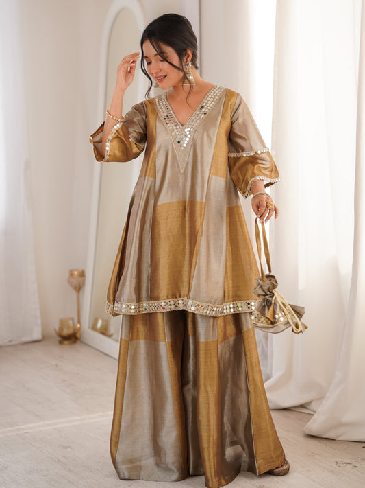 Pretty Golden Mirror Work Tissue Silk Designer Palazzo Suit
