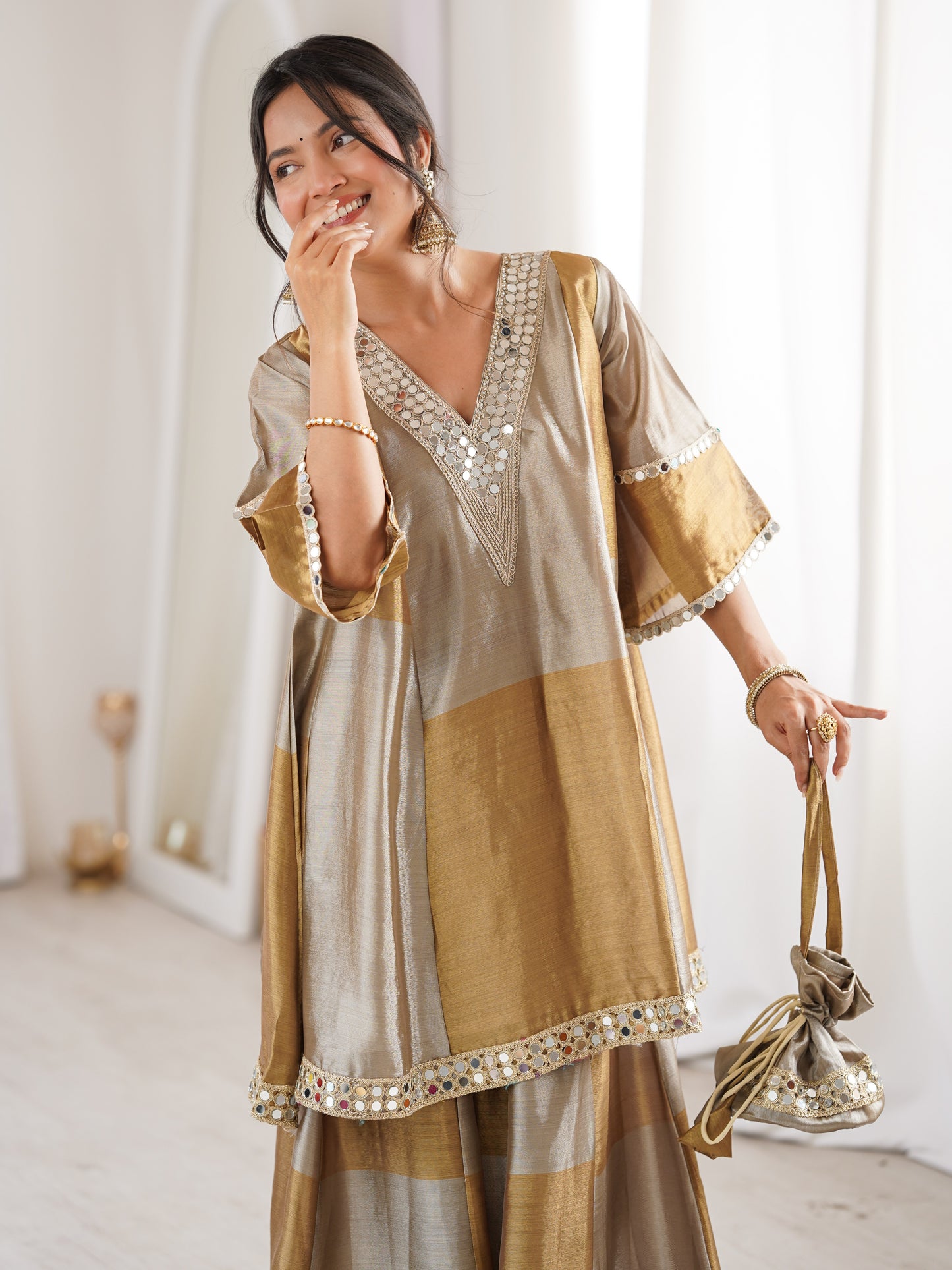 Pretty Golden Mirror Work Tissue Silk Designer Palazzo Suit